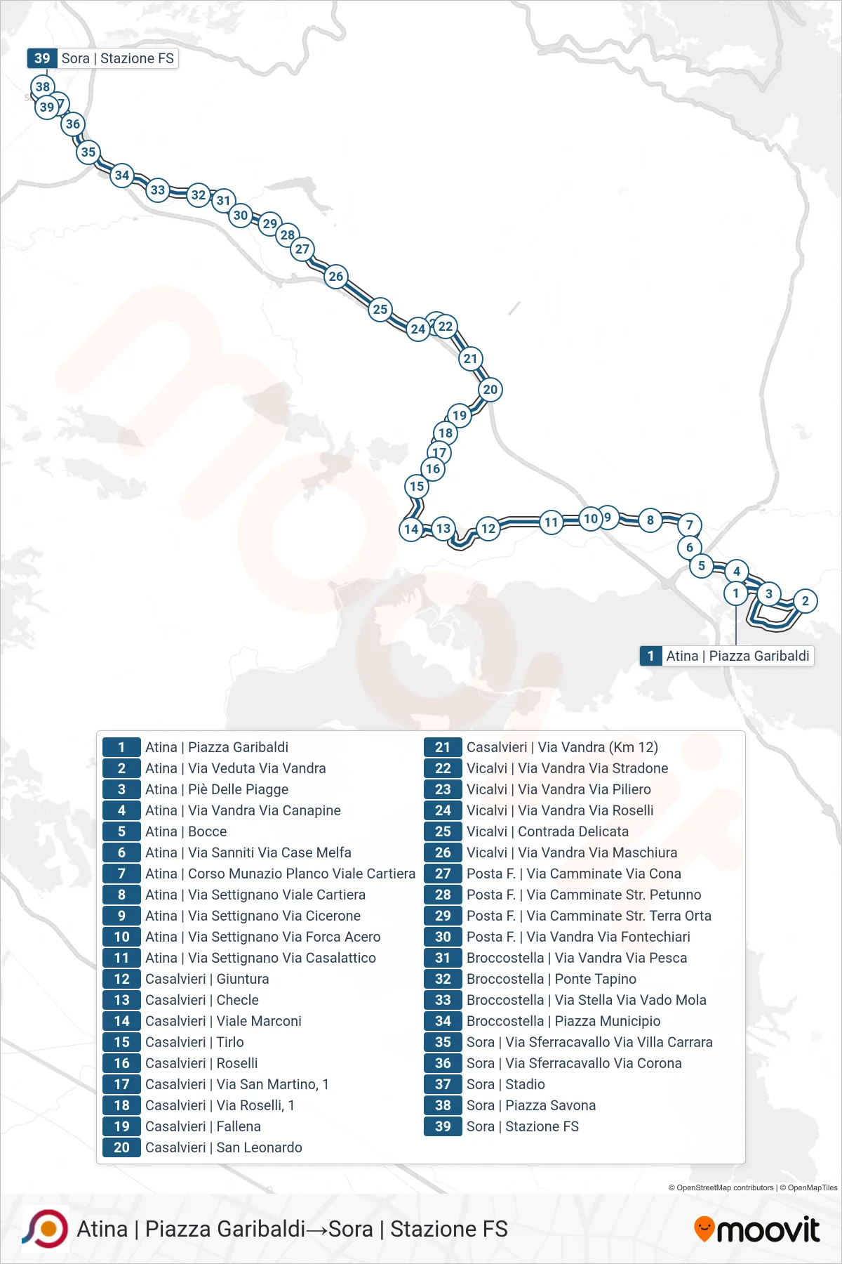 Linea COTRAL bus (Atina | Piazza Garibaldi→Sora | Stazione FS) - Percorsi e fermate sulla mappa