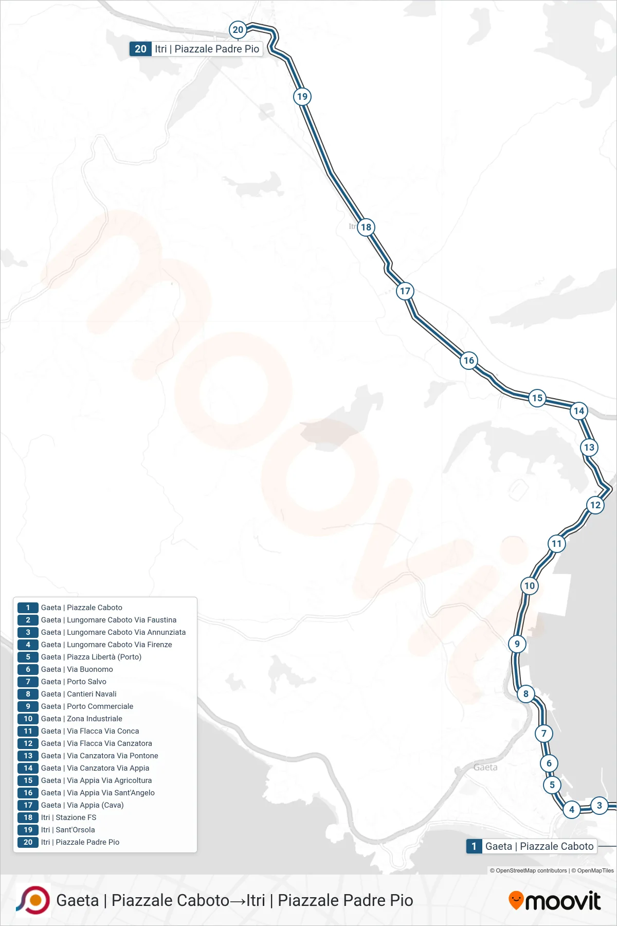 Linea COTRAL bus (Gaeta | Piazzale Caboto→Itri | Piazzale Padre Pio) - Percorsi e fermate sulla mappa