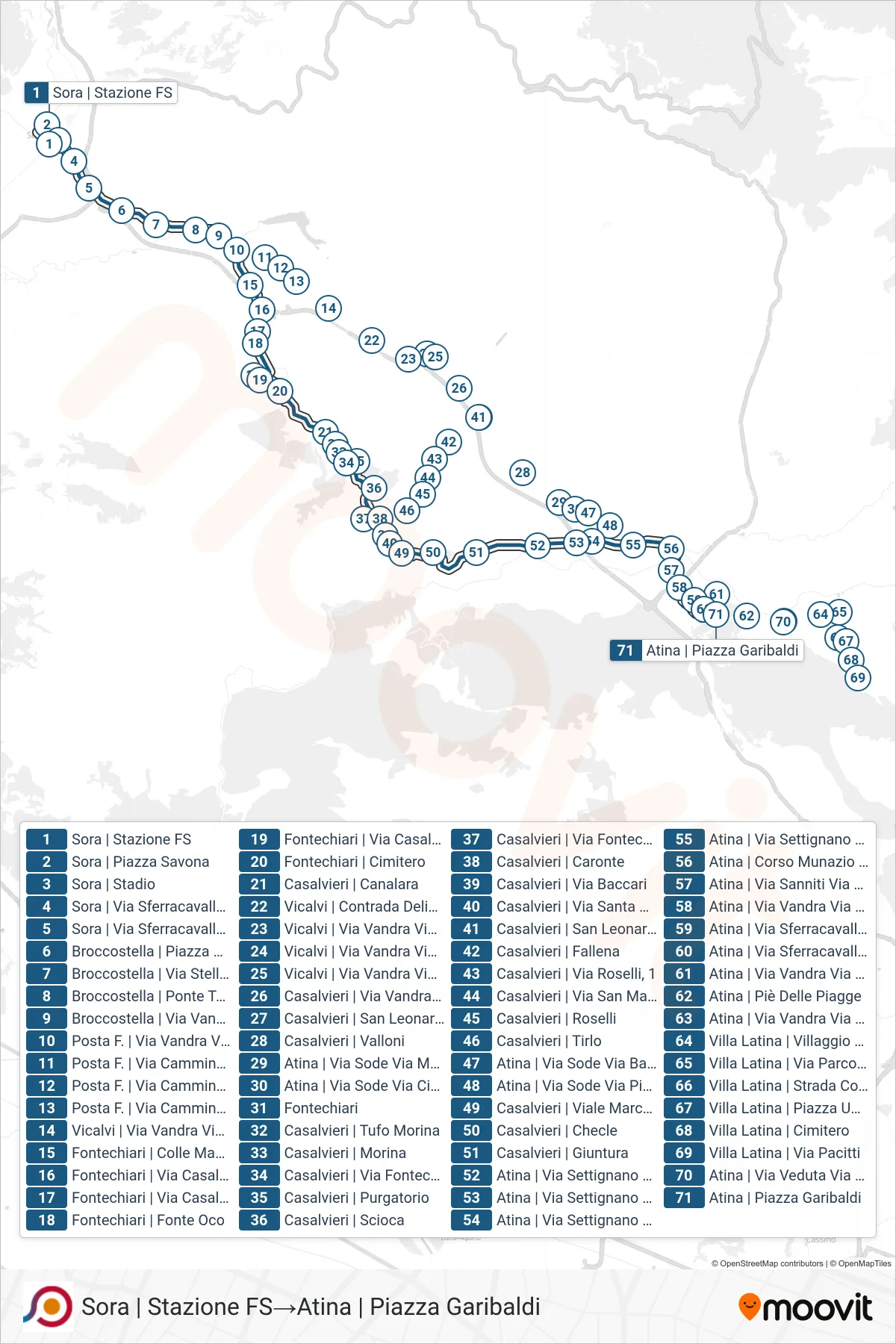 Linea COTRAL bus (Sora | Stazione FS→Atina | Piazza Garibaldi) - Percorsi e fermate sulla mappa