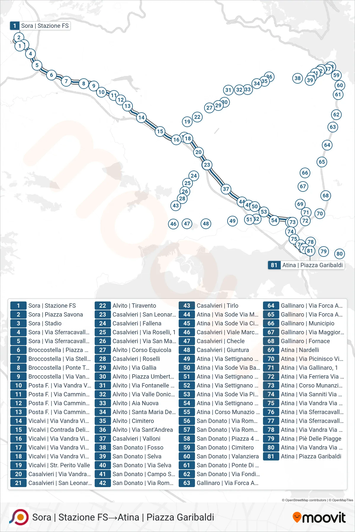 Linea COTRAL bus (Sora | Stazione FS→Atina | Piazza Garibaldi) - Percorsi e fermate sulla mappa