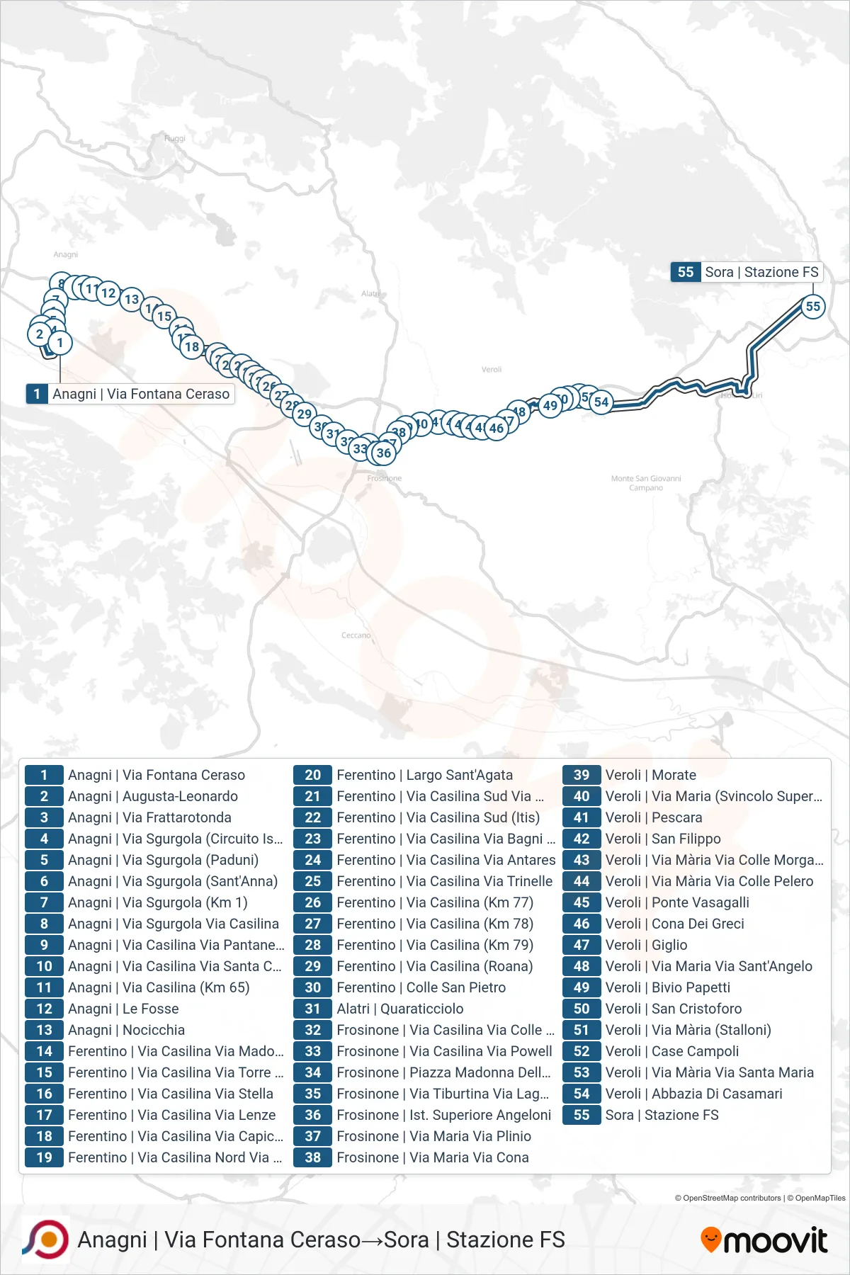 Linea COTRAL bus (Anagni | Via Fontana Ceraso→Sora | Stazione FS) - Percorsi e fermate sulla mappa