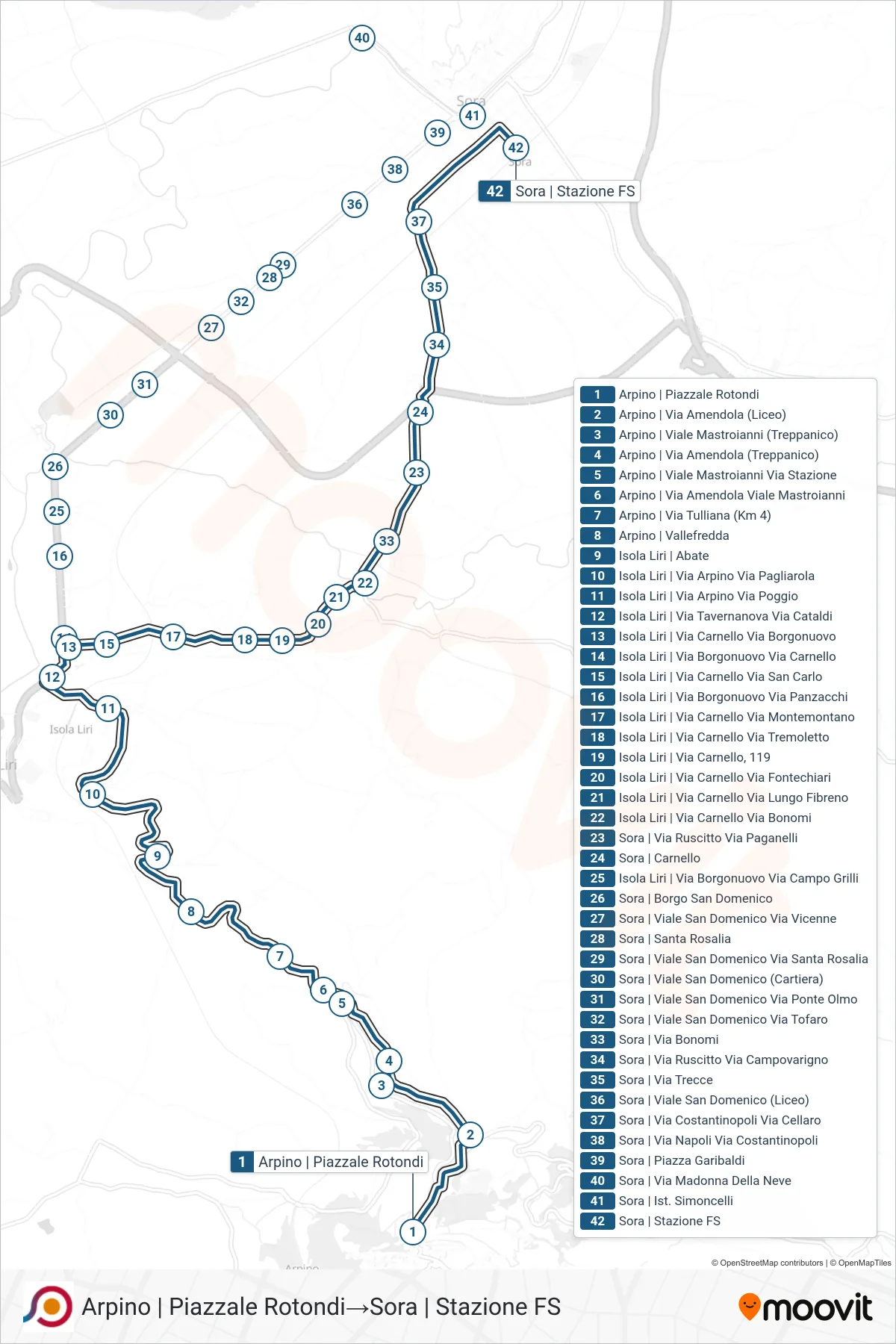 Linea COTRAL  bus (Arpino | Piazzale Rotondi‎→Sora | Stazione FS) - Percorsi e fermate sulla mappa