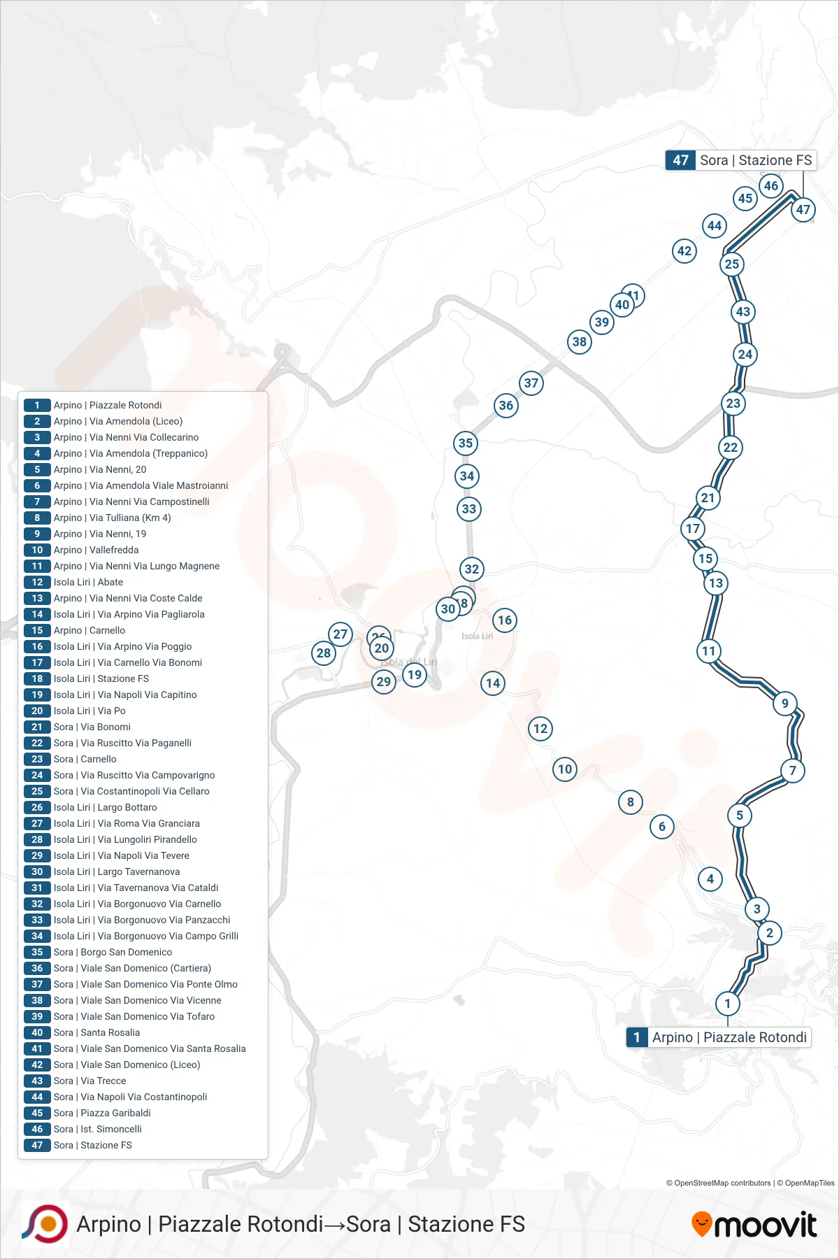 COTRAL bus Line (Arpino | Piazzale Rotondi→Sora | Railway Station) route and stops on a map