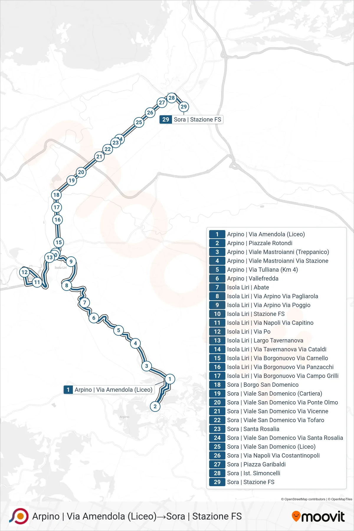 Linea COTRAL bus (Arpino | Via Amendola (Liceo)→Sora | Stazione FS) - Percorsi e fermate sulla mappa