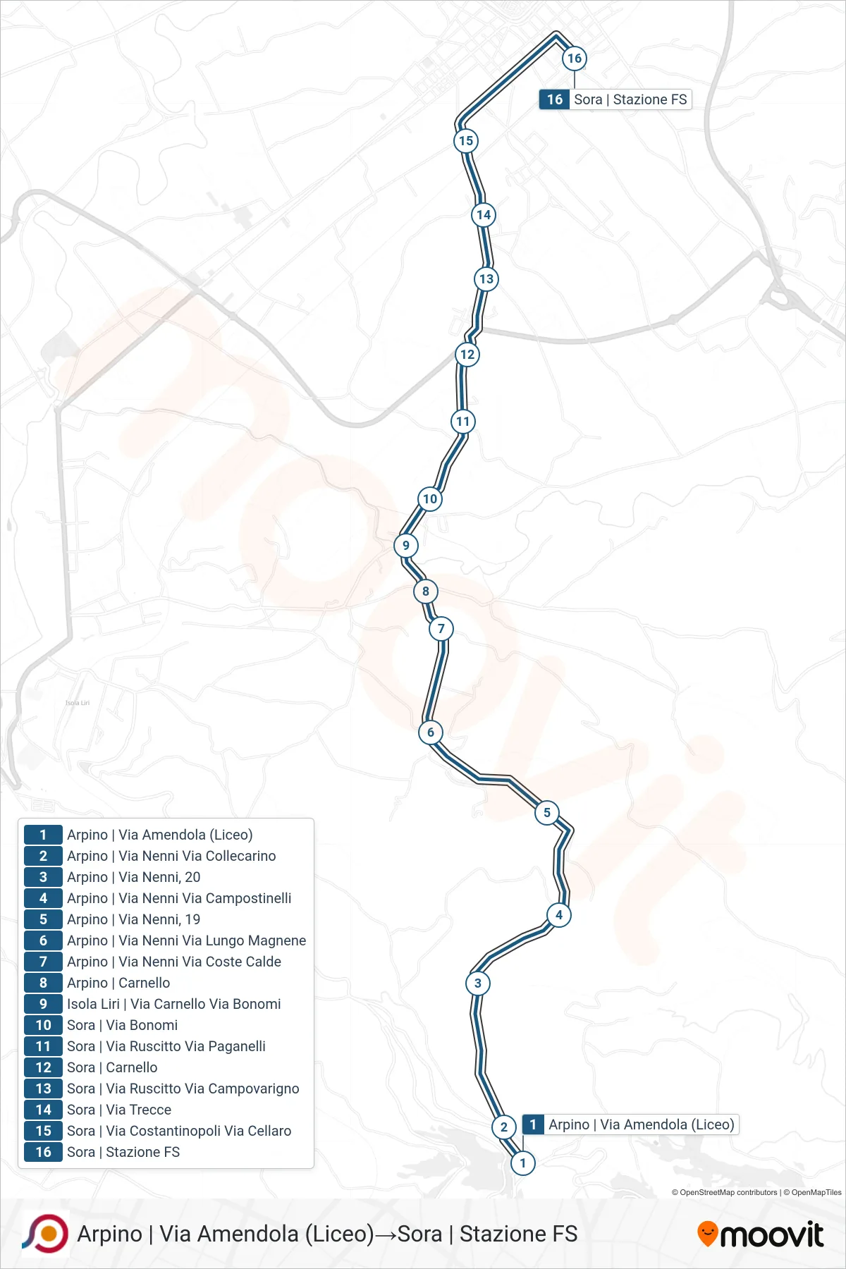 Linea COTRAL bus (Arpino | Via Amendola (Liceo)→Sora | Stazione FS) - Percorsi e fermate sulla mappa
