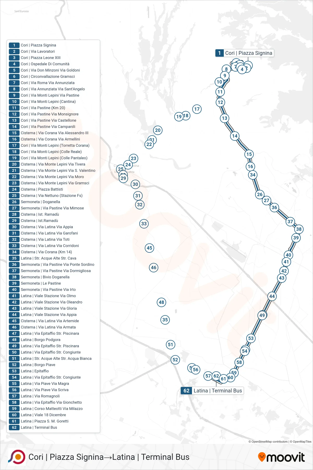 Linea COTRAL bus (Cori | Piazza Signina→Latina | Terminal Bus) - Percorsi e fermate sulla mappa