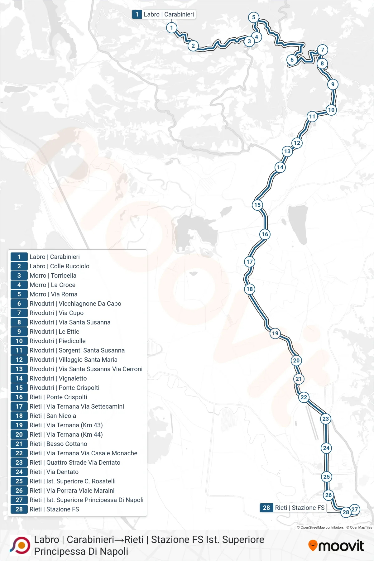 Linea COTRAL bus (Labro | Carabinieri→Rieti | Stazione FS Ist. Superiore Principessa Di Napoli) - Percorsi e fermate sulla mappa