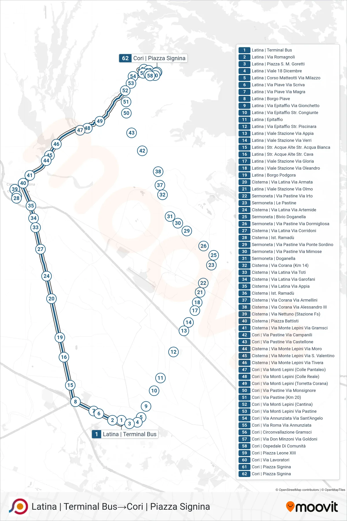 Linea COTRAL bus (Latina | Terminal Bus→Cori | Piazza Signina) - Percorsi e fermate sulla mappa