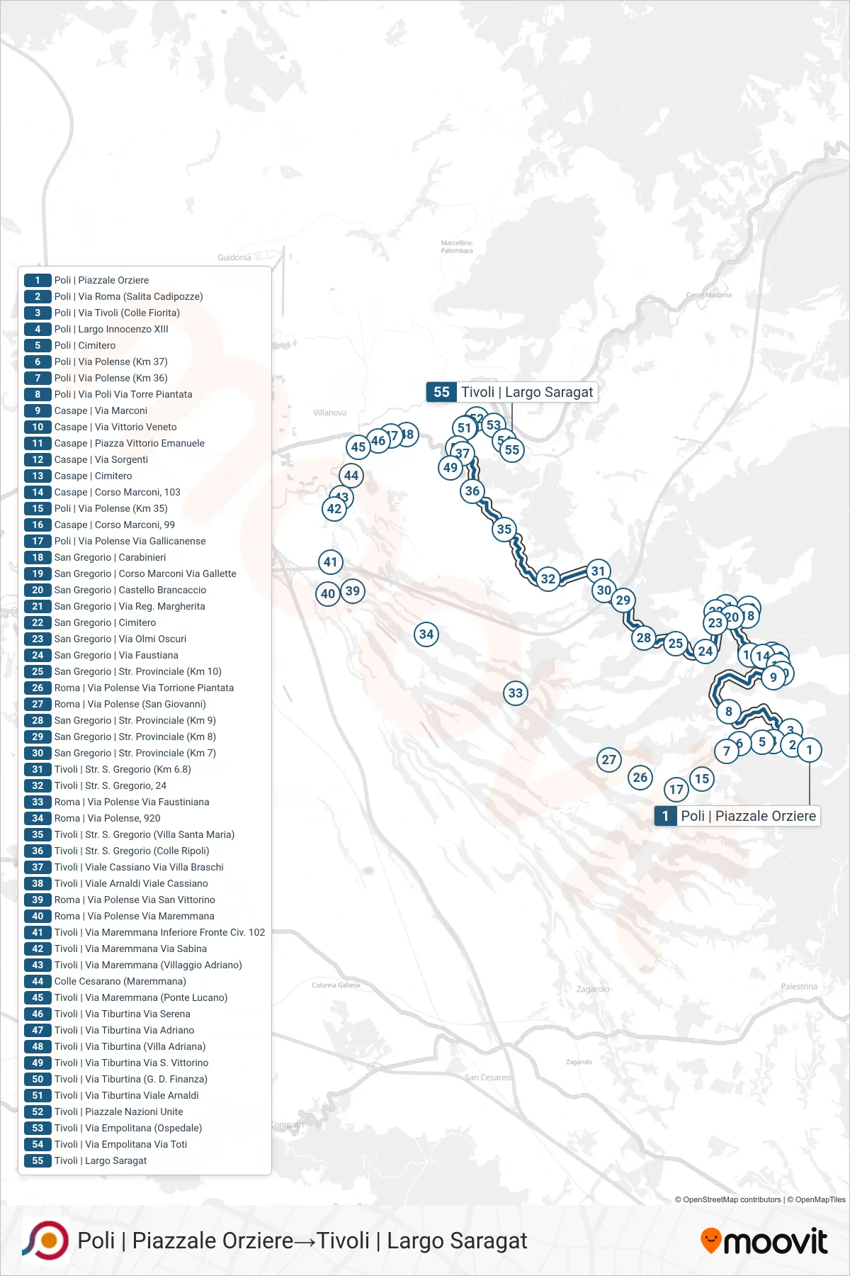 Linea COTRAL bus (Poli | Piazzale Orziere→Tivoli | Largo Saragat) - Percorsi e fermate sulla mappa