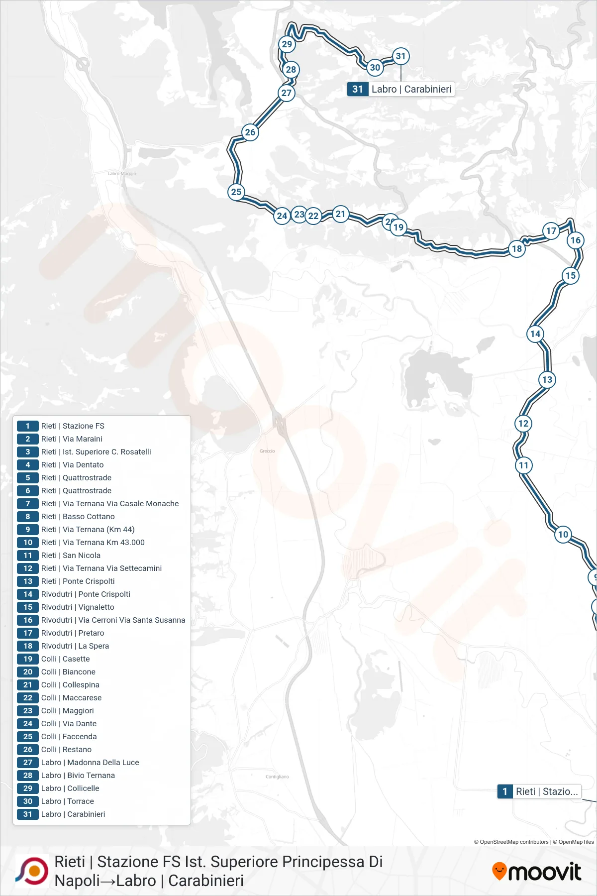 Linea COTRAL bus (Rieti | Stazione FS Ist. Superiore Principessa Di Napoli→Labro | Carabinieri) - Percorsi e fermate sulla mappa