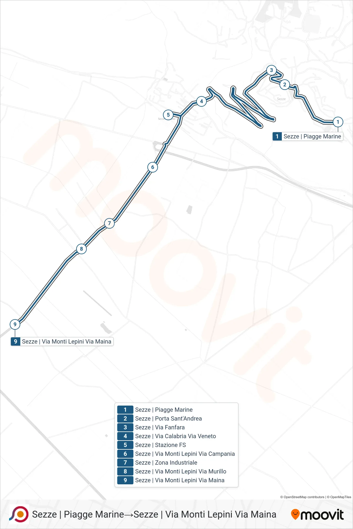 Linea COTRAL bus (Sezze | Piagge Marine→Sezze | Via Monti Lepini Via Maina) - Percorsi e fermate sulla mappa