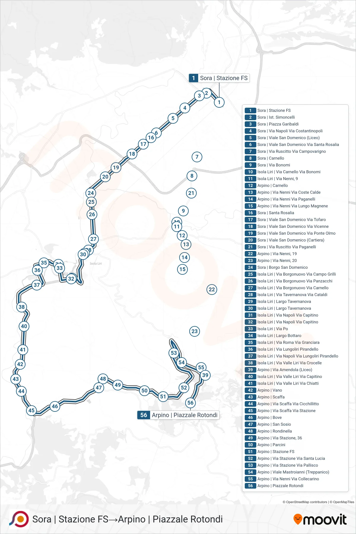 Linea COTRAL bus (Sora | Stazione FS→Arpino | Piazzale Rotondi) - Percorsi e fermate sulla mappa