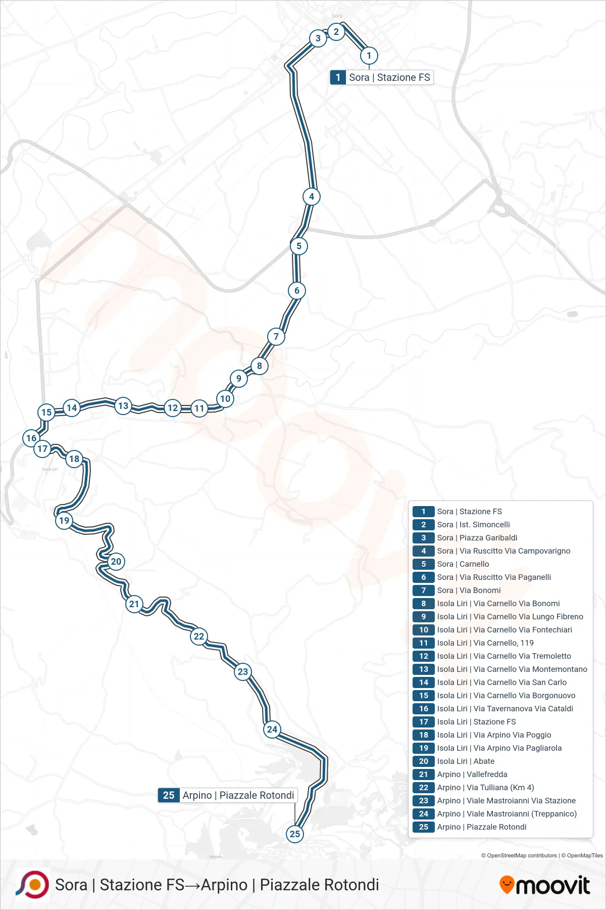 Linea COTRAL bus (Sora | Stazione FS→Arpino | Piazzale Rotondi) - Percorsi e fermate sulla mappa