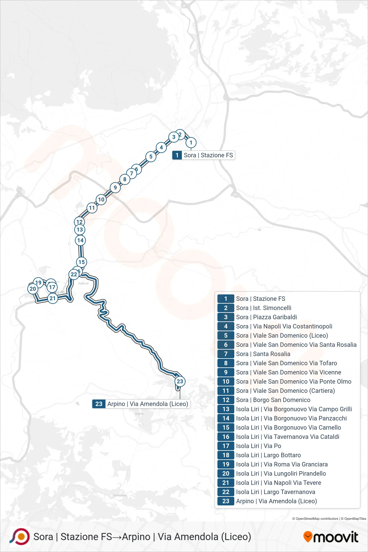 Linea COTRAL bus (Sora | Stazione FS→Arpino | Via Amendola (Liceo)) - Percorsi e fermate sulla mappa