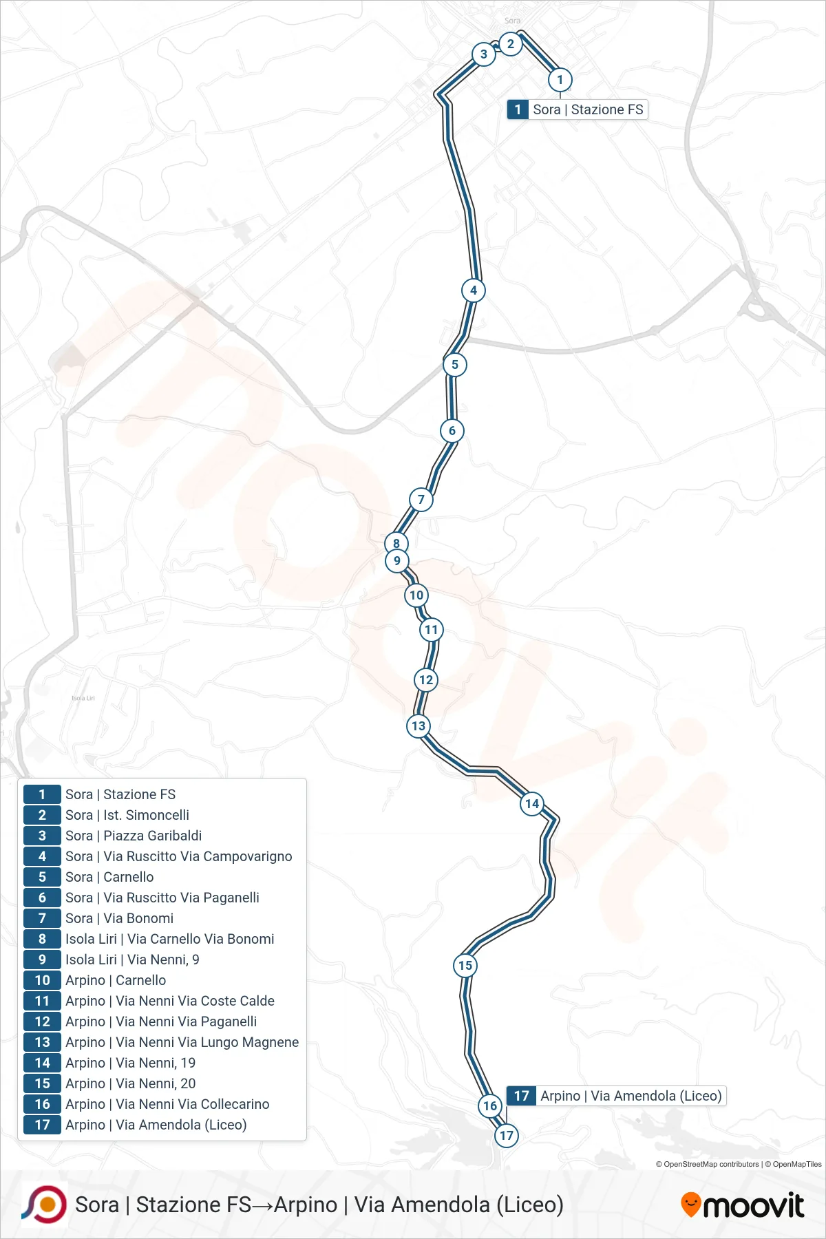 Linea COTRAL bus (Sora | Stazione FS→Arpino | Via Amendola (Liceo)) - Percorsi e fermate sulla mappa