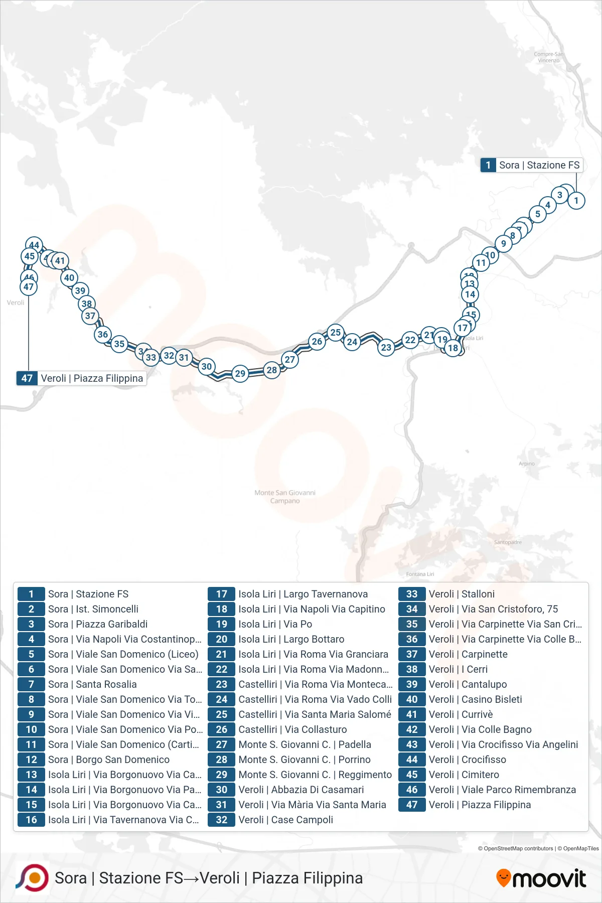 Linea COTRAL bus (Sora | Stazione FS→Veroli | Piazza Filippina) - Percorsi e fermate sulla mappa