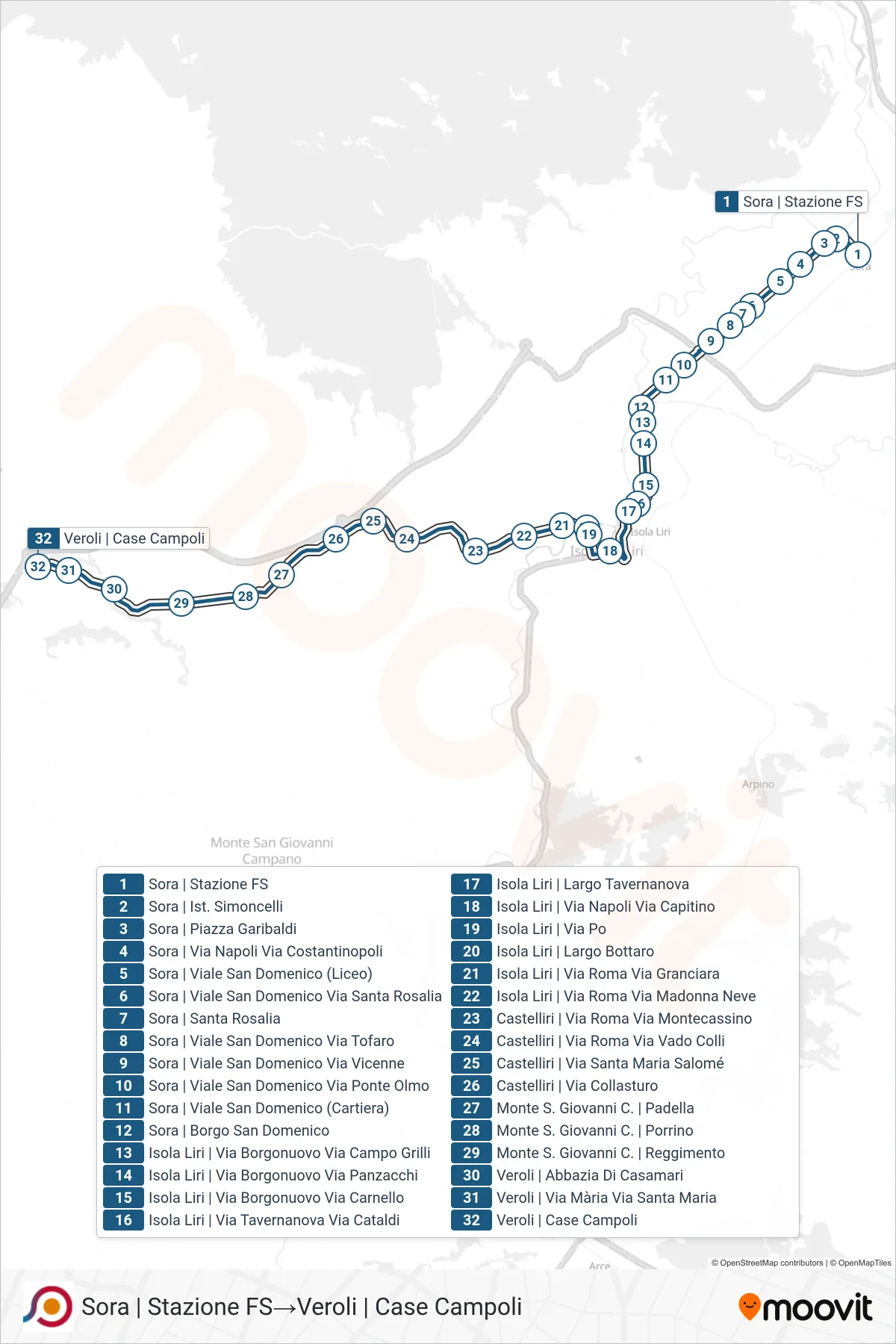COTRAL bus Line (Sora | Railway Station→Veroli via Case Campoli) route and stops on a map