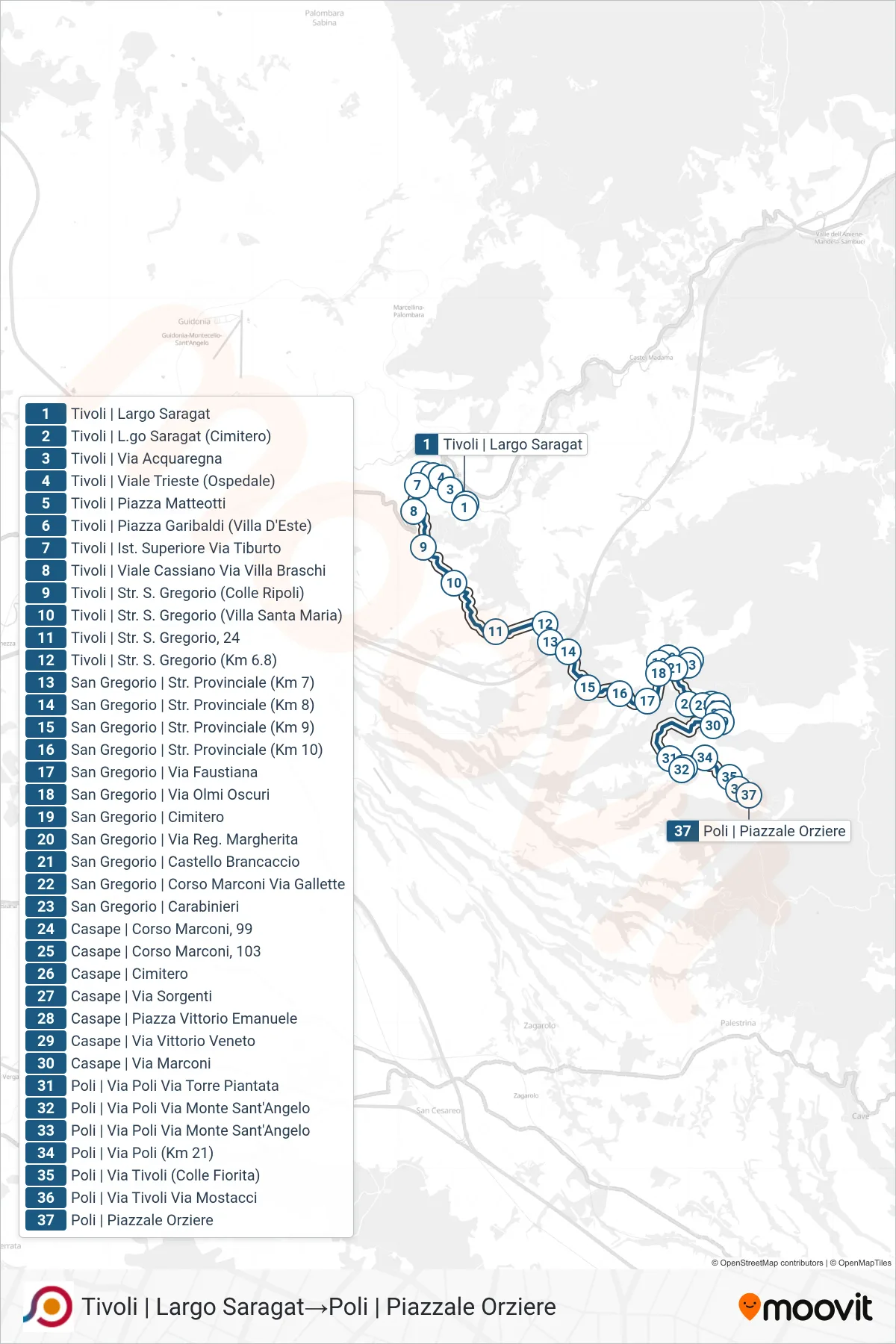 Linea COTRAL bus (Tivoli | Largo Saragat→Poli | Piazzale Orziere) - Percorsi e fermate sulla mappa