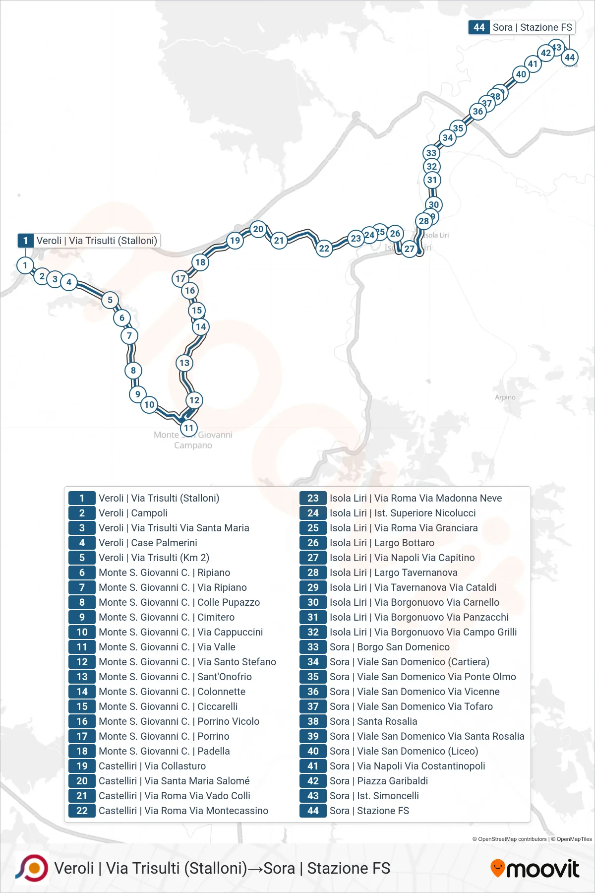 Linea COTRAL bus (Veroli | Via Trisulti (Stalloni)→Sora | Stazione FS) - Percorsi e fermate sulla mappa