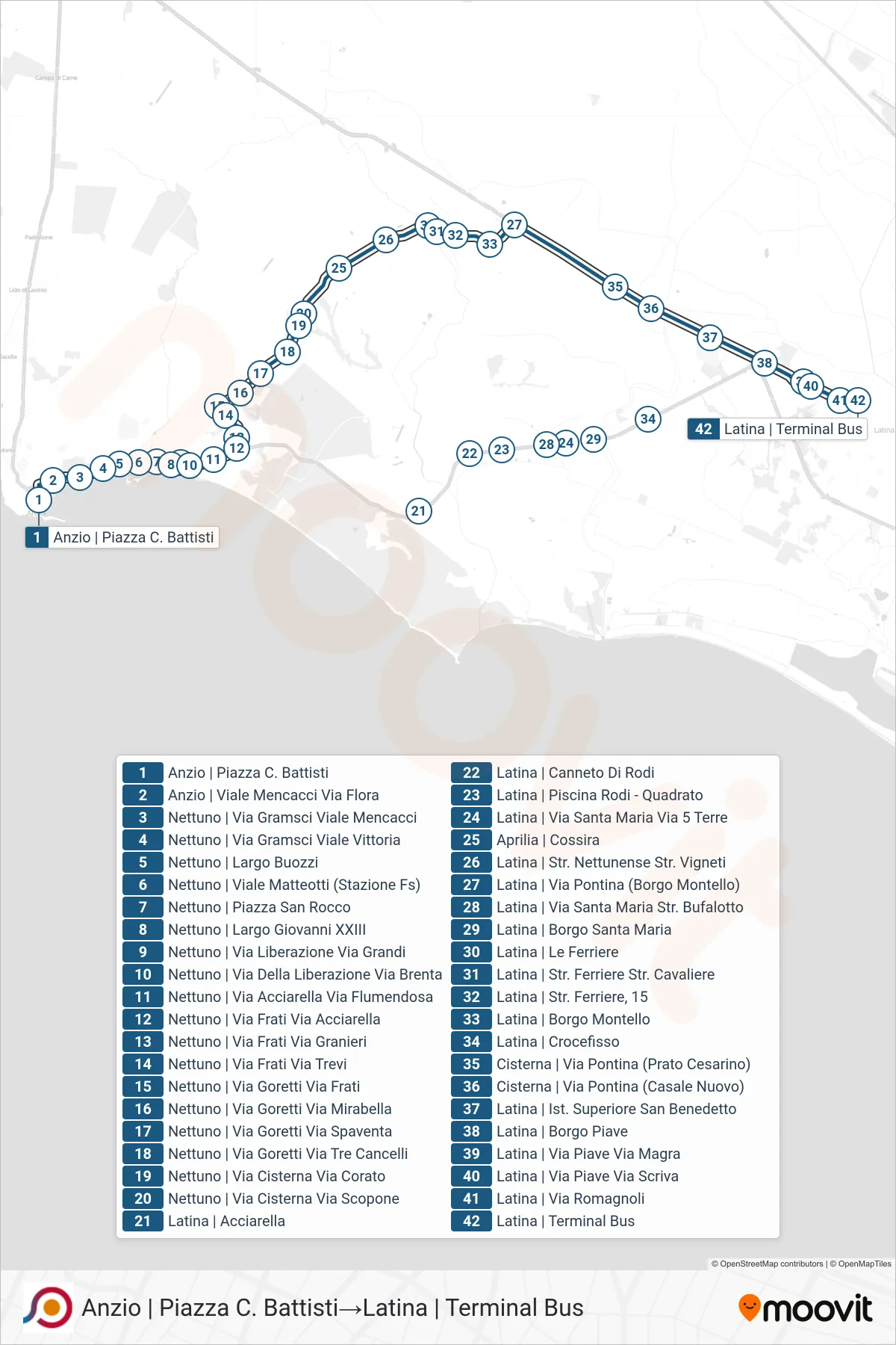 Linea COTRAL bus (Anzio | Piazza C. Battisti→Latina | Terminal Bus) - Percorsi e fermate sulla mappa