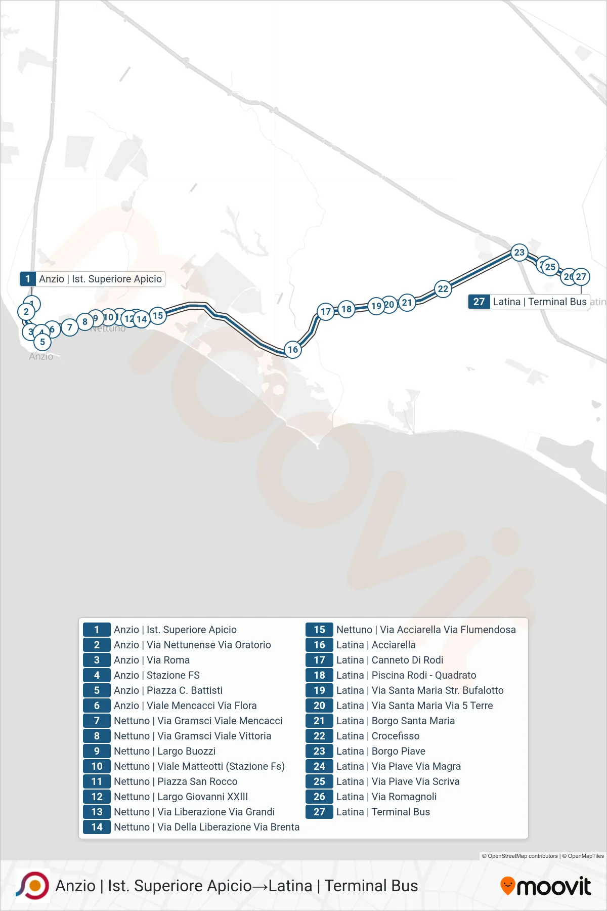 Linea COTRAL bus (Anzio | Ist. Superiore Apicio→Latina | Terminal Bus) - Percorsi e fermate sulla mappa