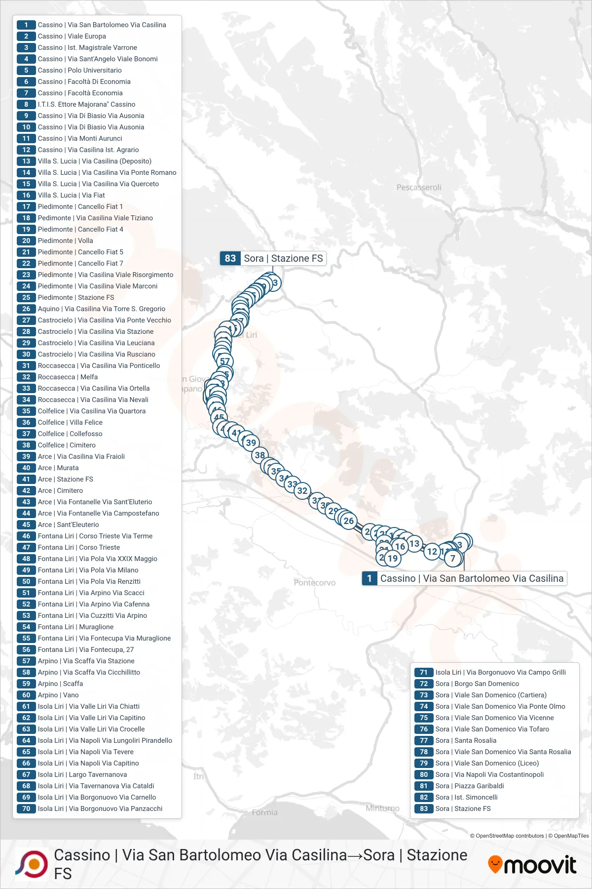 Linea COTRAL bus (Cassino | Via San Bartolomeo Via Casilina→Sora | Stazione FS) - Percorsi e fermate sulla mappa