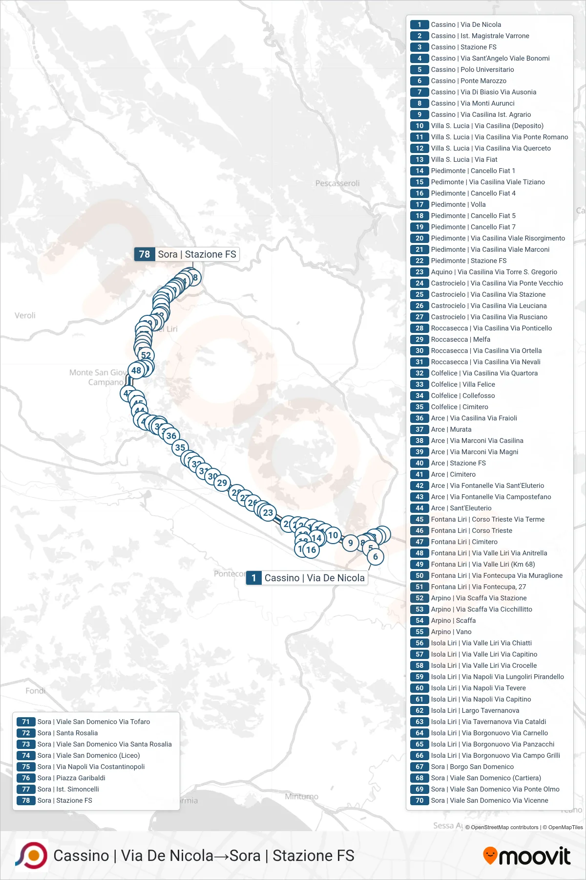 Linea COTRAL bus (Cassino | Via De Nicola→Sora | Stazione FS) - Percorsi e fermate sulla mappa