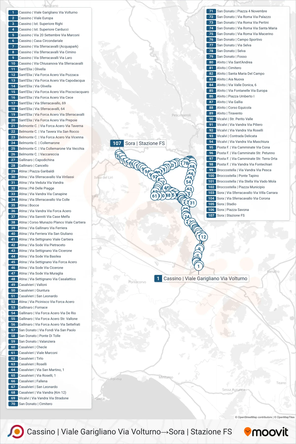Linea COTRAL bus (Cassino | Viale Garigliano Via Volturno→Sora | Stazione FS) - Percorsi e fermate sulla mappa