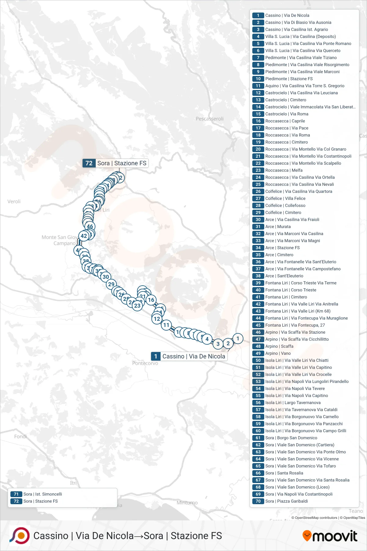 COTRAL bus Line (Cassino | Via De Nicola→Sora | Railway Station) route and stops on a map
