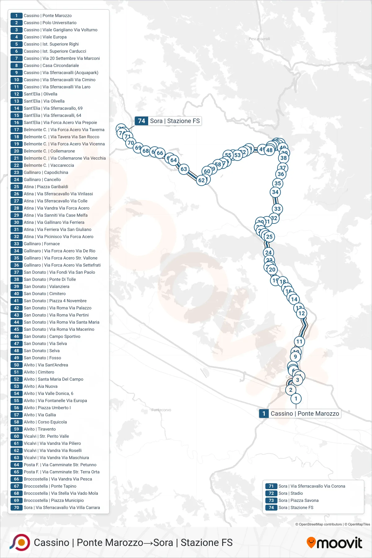 Linea COTRAL  bus (Cassino | Ponte Marozzo‎→Sora | Stazione FS) - Percorsi e fermate sulla mappa