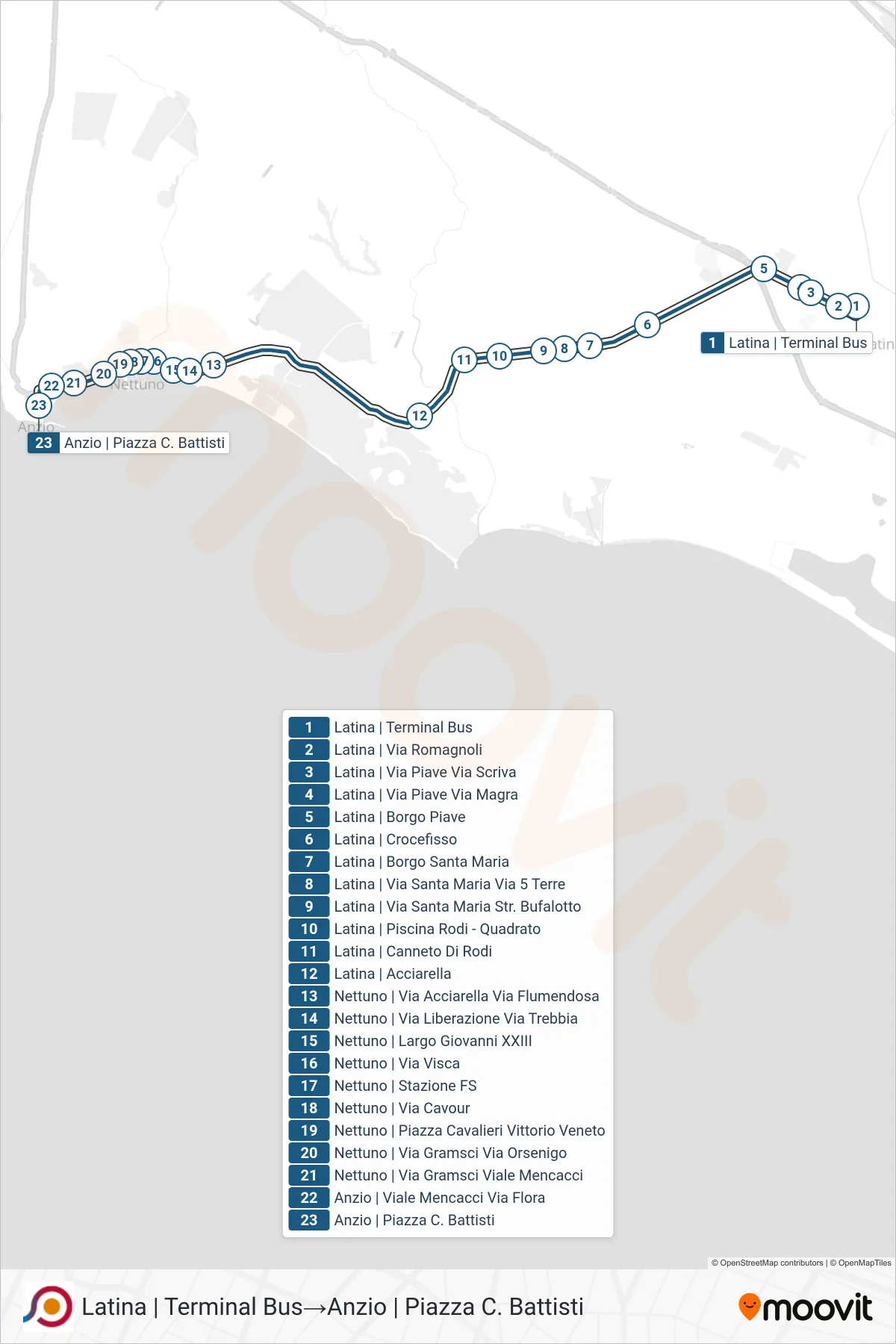 Linea COTRAL bus (Latina | Terminal Bus→Anzio | Piazza C. Battisti) - Percorsi e fermate sulla mappa