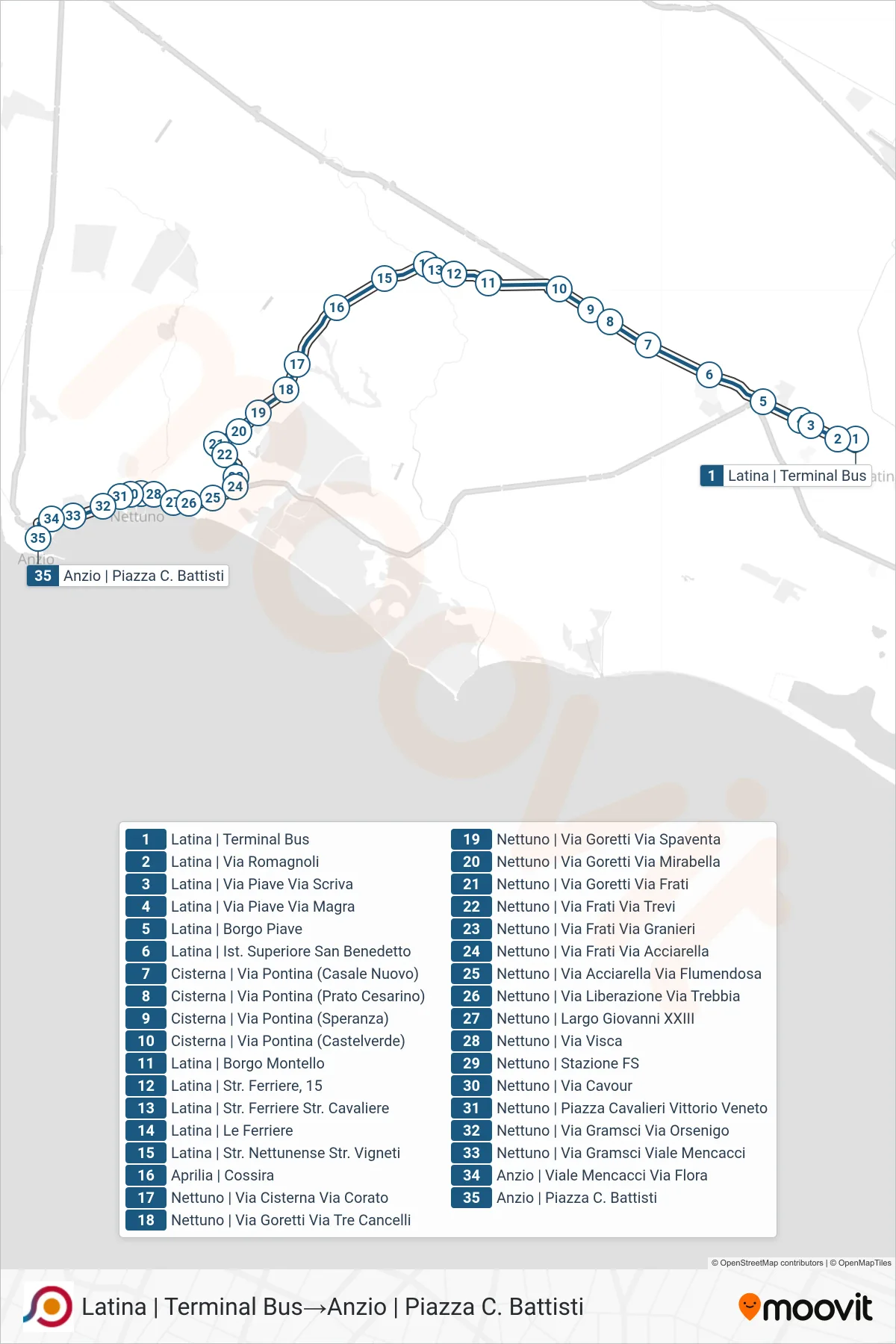 Linea COTRAL bus (Latina | Terminal Bus→Anzio | Piazza C. Battisti) - Percorsi e fermate sulla mappa