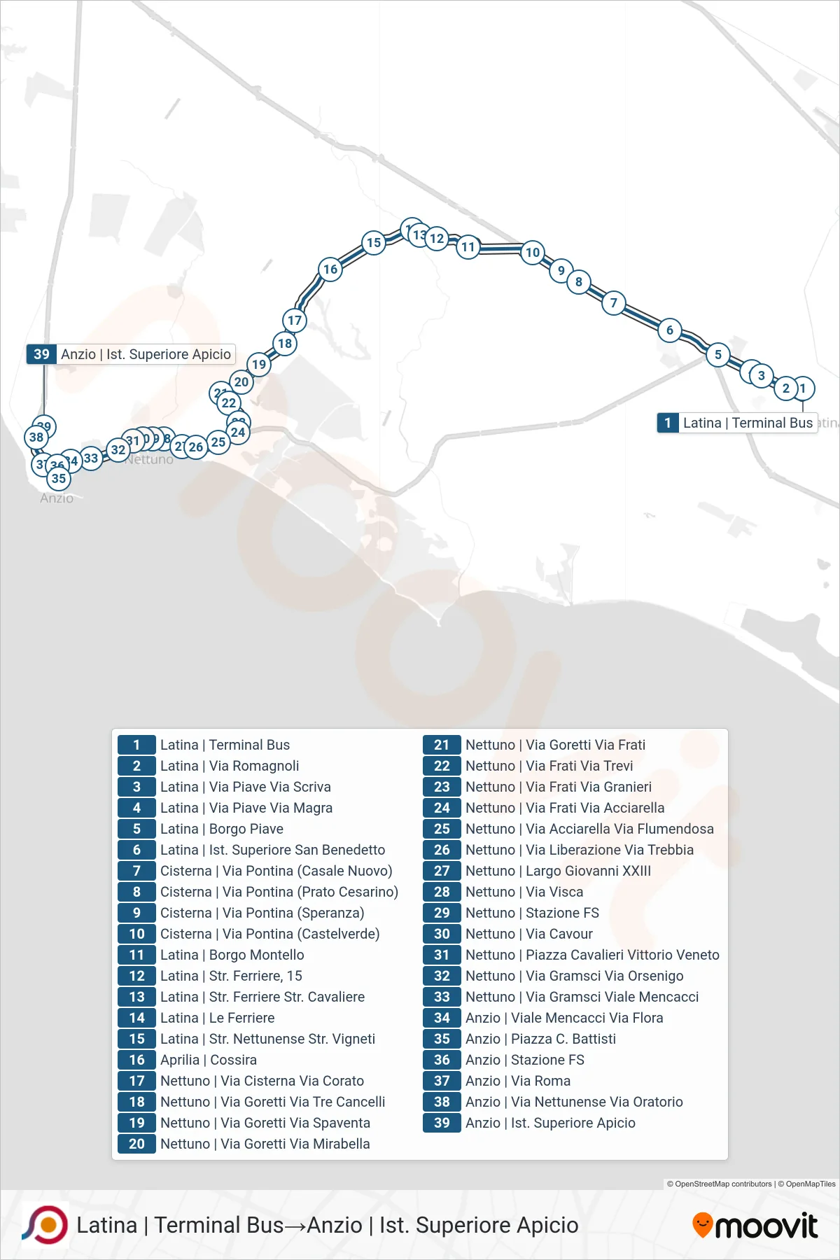 Linea COTRAL  bus (Latina | Terminal Bus‎→Anzio | Ist. Superiore Apicio) - Percorsi e fermate sulla mappa