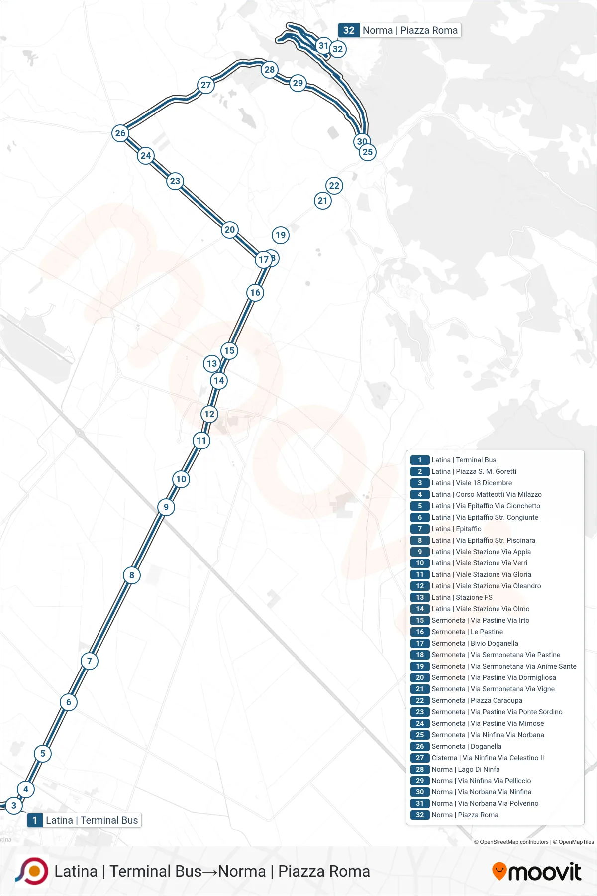 Linea COTRAL bus (Latina | Terminal Bus→Norma | Piazza Roma) - Percorsi e fermate sulla mappa