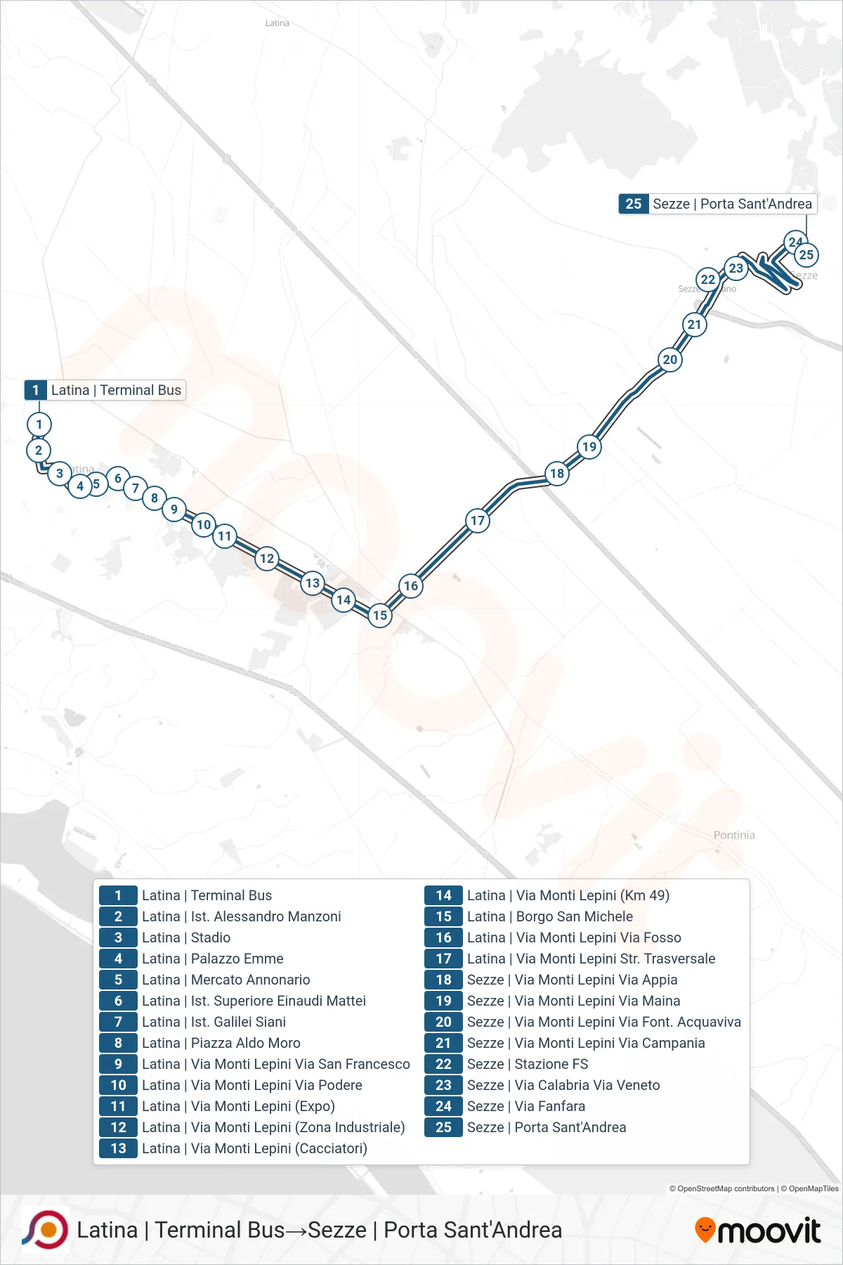 Linea COTRAL bus (Latina | Terminal Bus→Sezze | Porta Sant'Andrea) - Percorsi e fermate sulla mappa