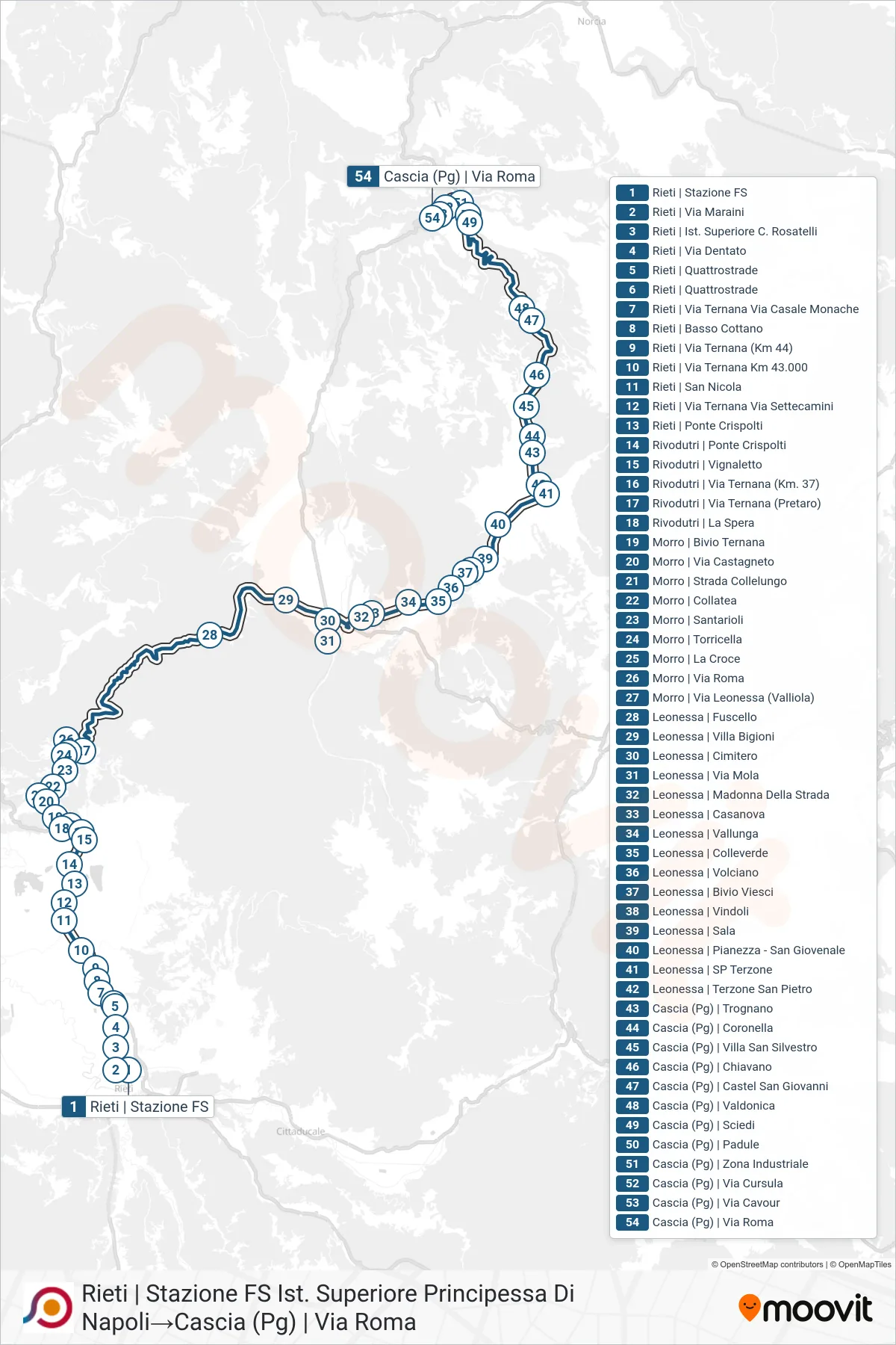 Linea COTRAL bus (Rieti | Stazione FS Ist. Superiore Principessa Di Napoli→Cascia (Pg) | Via Roma) - Percorsi e fermate sulla mappa