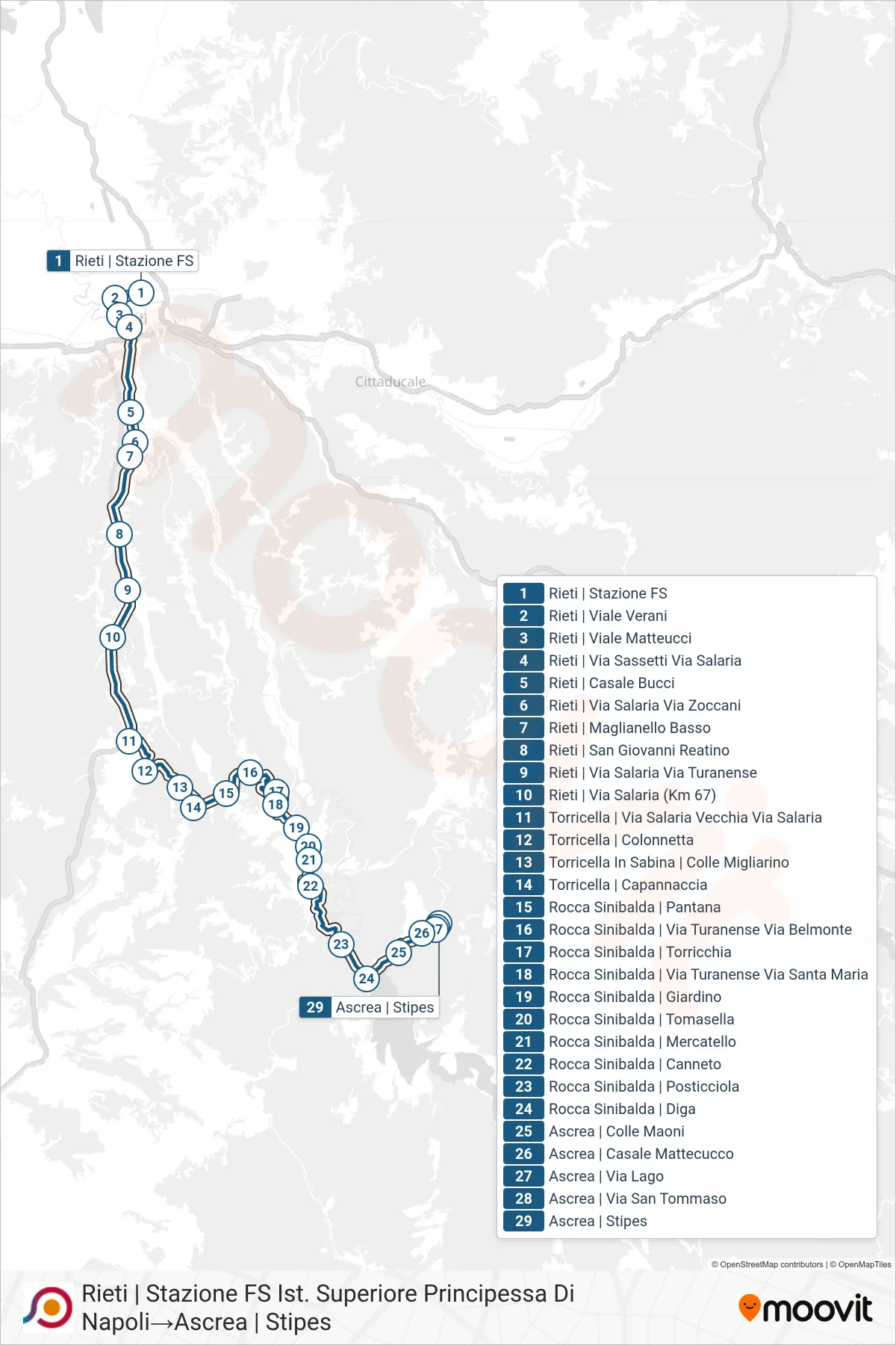 Linea COTRAL bus (Rieti | Stazione FS Ist. Superiore Principessa Di Napoli→Ascrea | Stipes) - Percorsi e fermate sulla mappa
