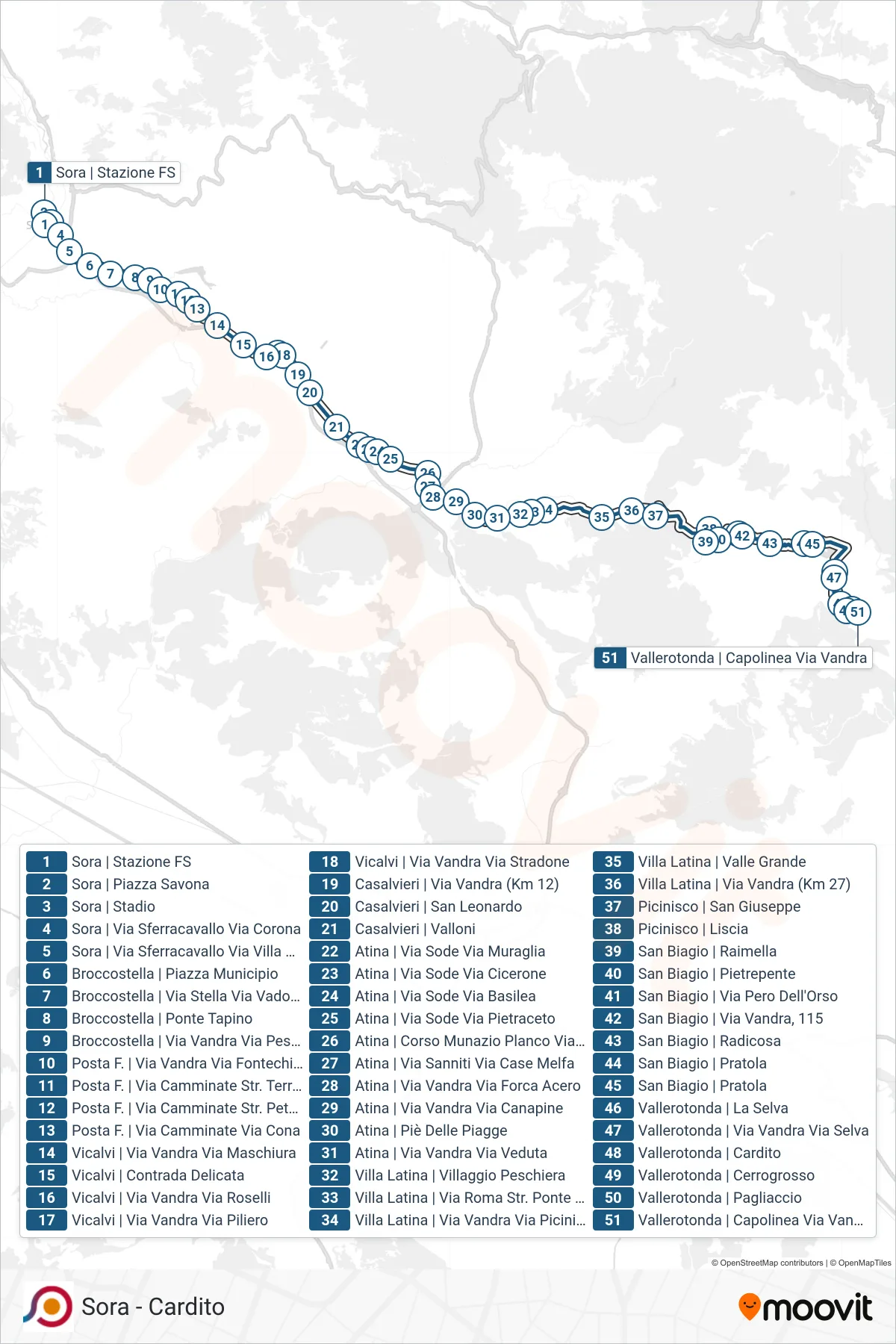 Linea COTRAL  bus (Sora | Stazione FS‎→Vallerotonda | Capolinea Via Vandra) - Percorsi e fermate sulla mappa
