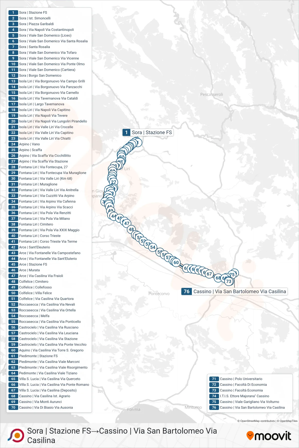 Linea COTRAL bus (Sora | Stazione FS→Cassino | Via San Bartolomeo Via Casilina) - Percorsi e fermate sulla mappa