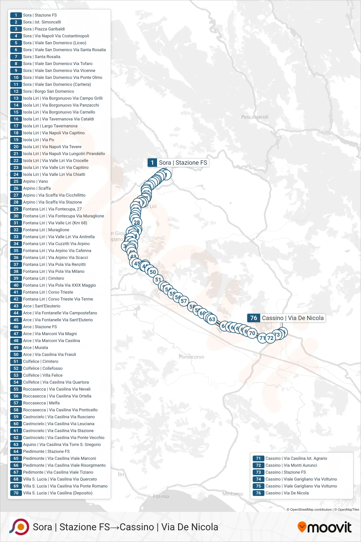 Linea COTRAL bus (Sora | Stazione FS→Cassino | Via De Nicola) - Percorsi e fermate sulla mappa