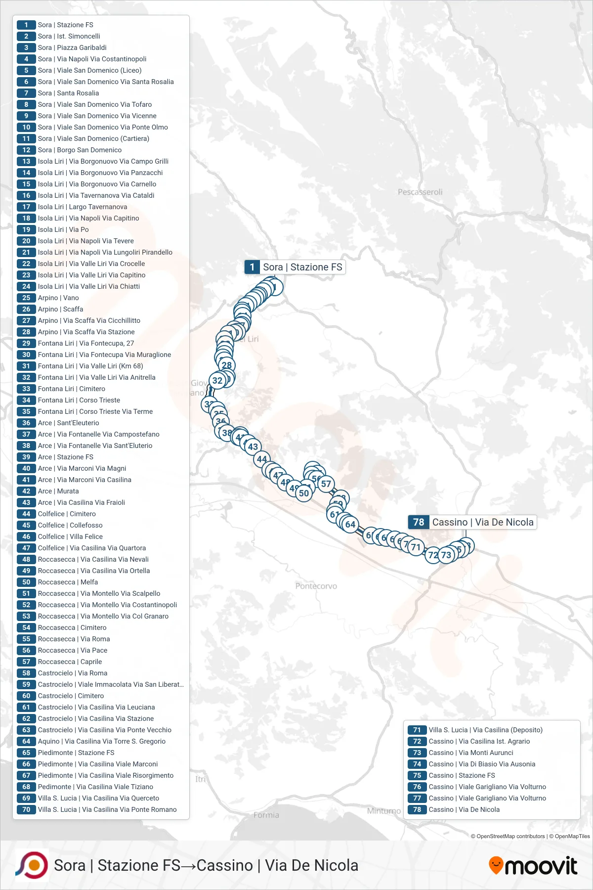 Linea COTRAL bus (Sora | Stazione FS→Cassino | Via De Nicola) - Percorsi e fermate sulla mappa