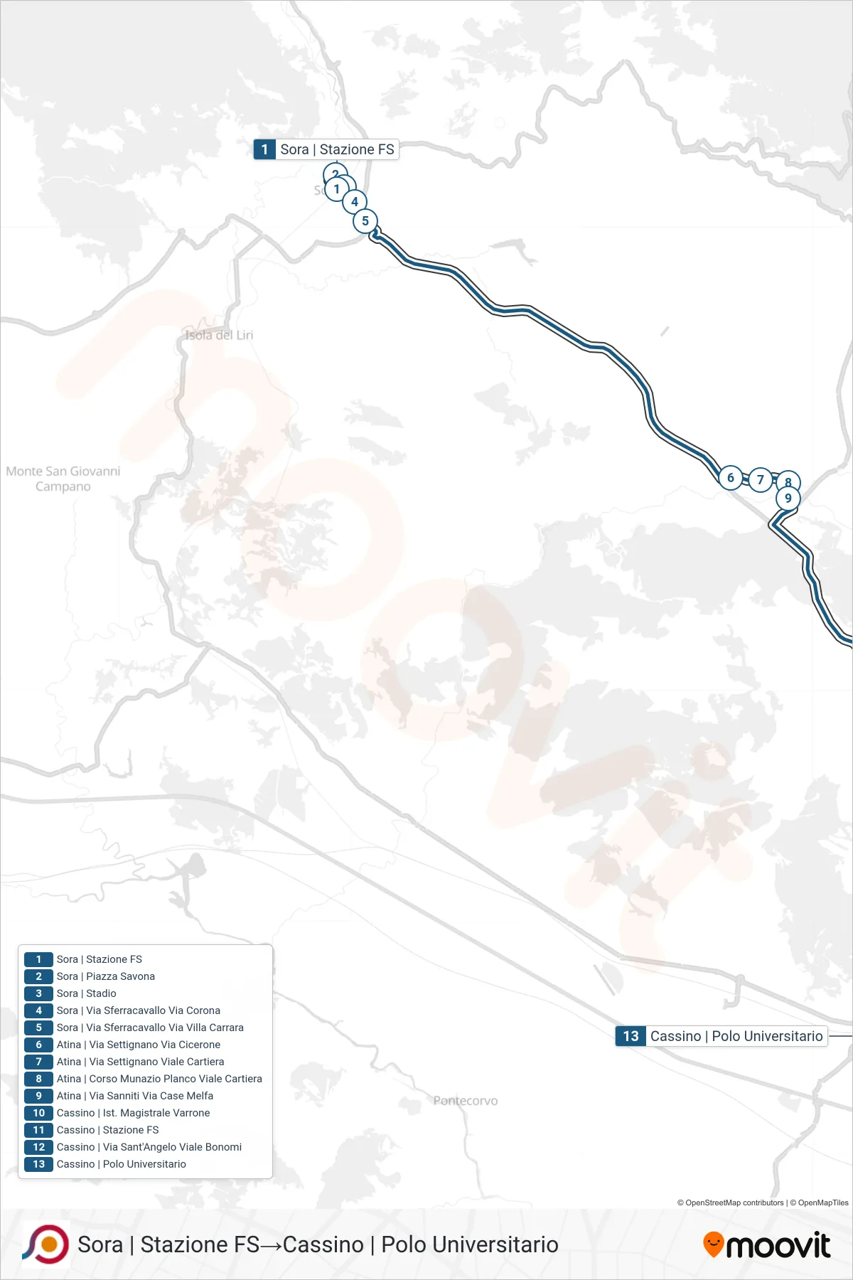 Linea COTRAL bus (Sora | Stazione FS→Cassino | Polo Universitario) - Percorsi e fermate sulla mappa