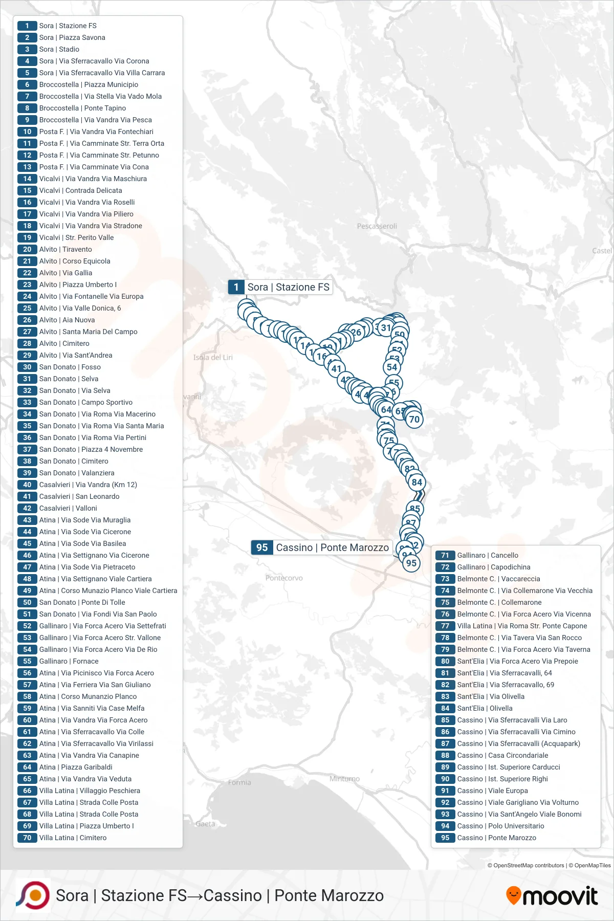 Linea COTRAL bus (Sora | Stazione FS→Cassino | Ponte Marozzo) - Percorsi e fermate sulla mappa