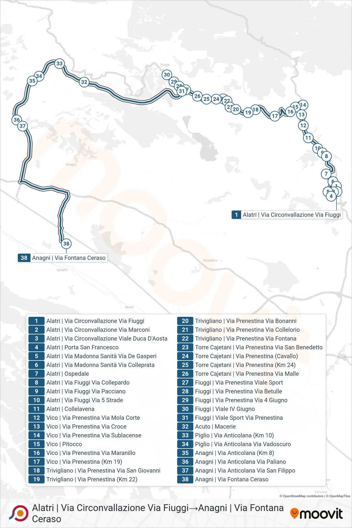Linea COTRAL bus (Alatri | Via Circonvallazione Via Fiuggi→Anagni | Via Fontana Ceraso) - Percorsi e fermate sulla mappa