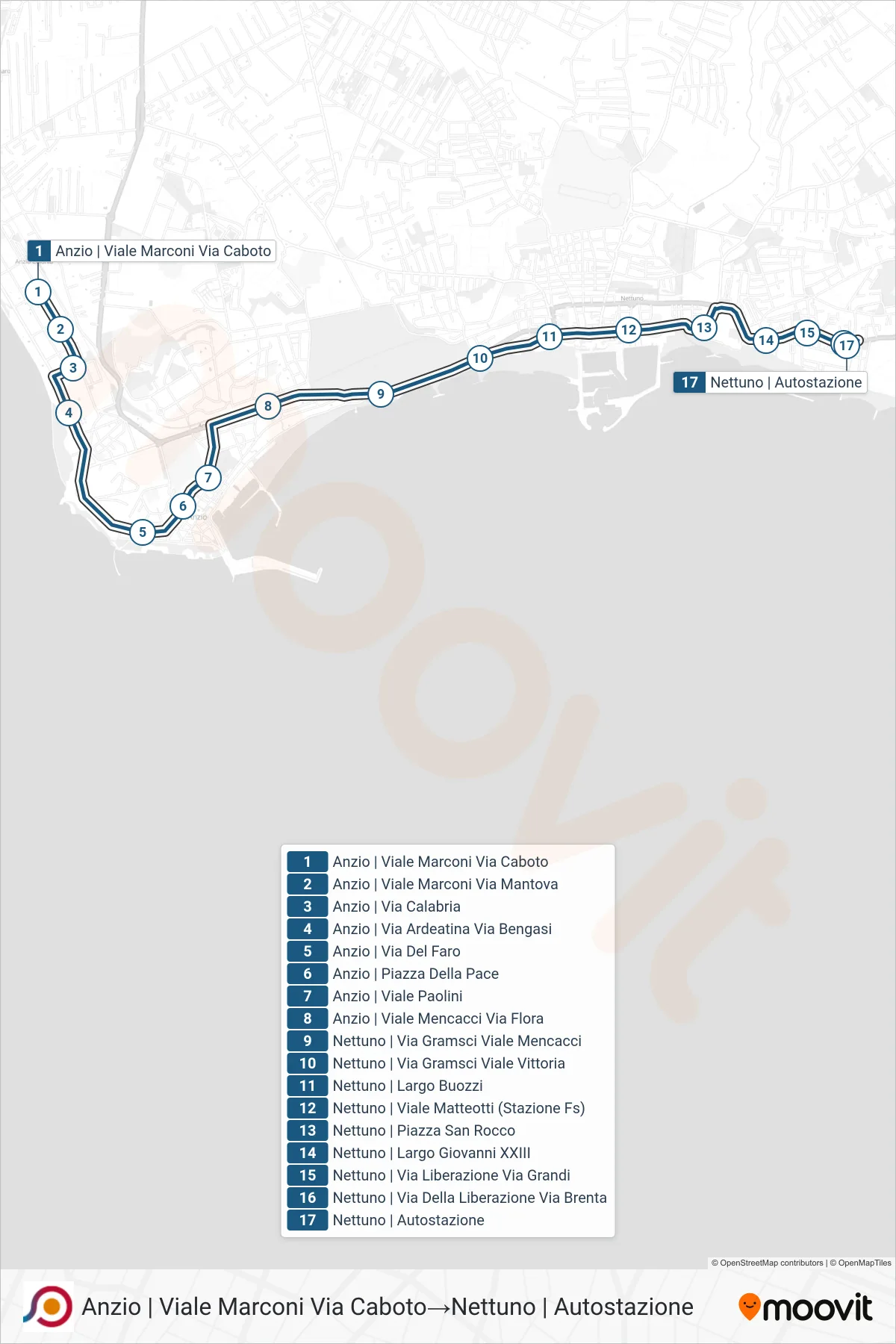 Linea COTRAL bus (Anzio | Viale Marconi Via Caboto→Nettuno | Autostazione) - Percorsi e fermate sulla mappa