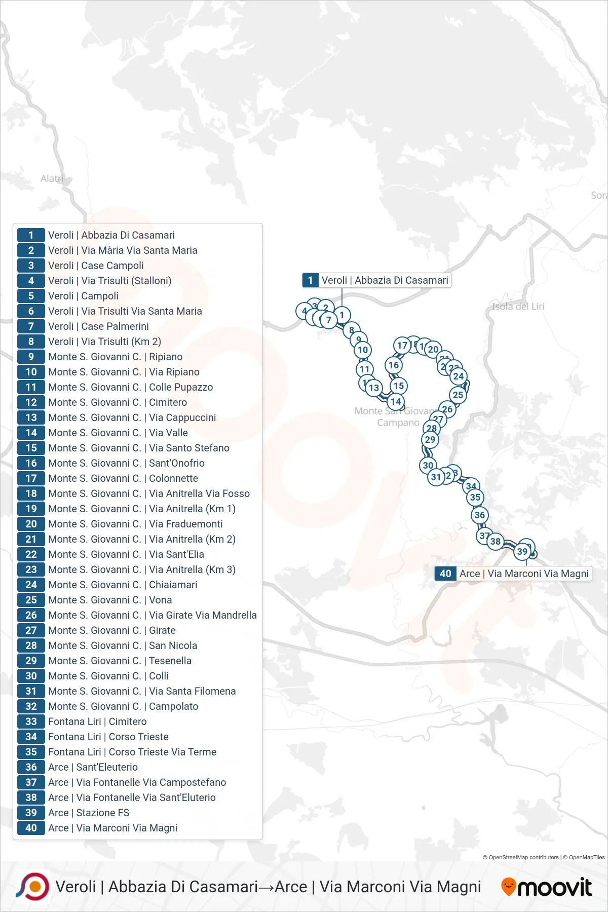 Linea COTRAL bus (Veroli | Abbazia Di Casamari→Arce | Via Marconi Via Magni) - Percorsi e fermate sulla mappa