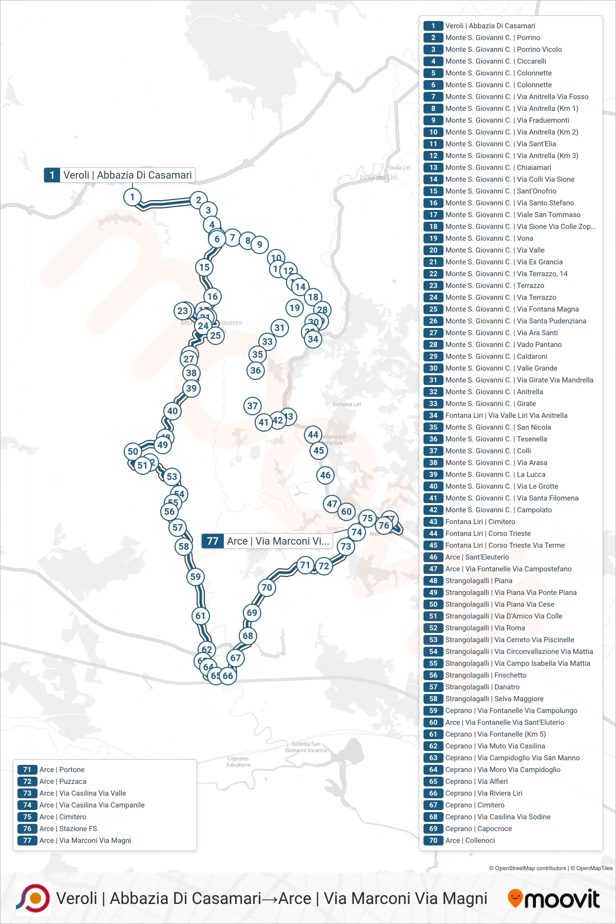 Linea COTRAL bus (Veroli | Abbazia Di Casamari→Arce | Via Marconi Via Magni) - Percorsi e fermate sulla mappa