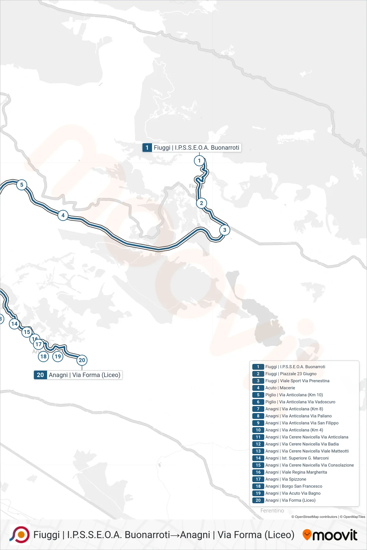 Linea COTRAL bus (Fiuggi | I.P.S.S.E.O.A. Buonarroti→Anagni | Via Forma (Liceo)) - Percorsi e fermate sulla mappa