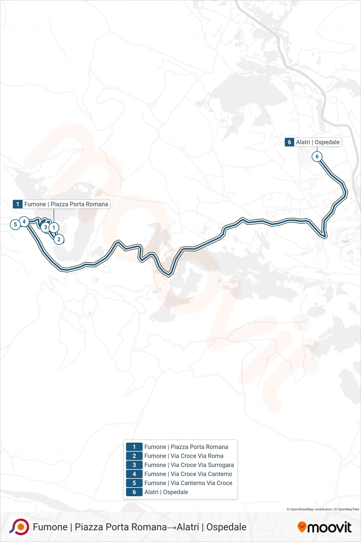 Linea COTRAL bus (Fumone | Piazza Porta Romana→Alatri | Ospedale) - Percorsi e fermate sulla mappa