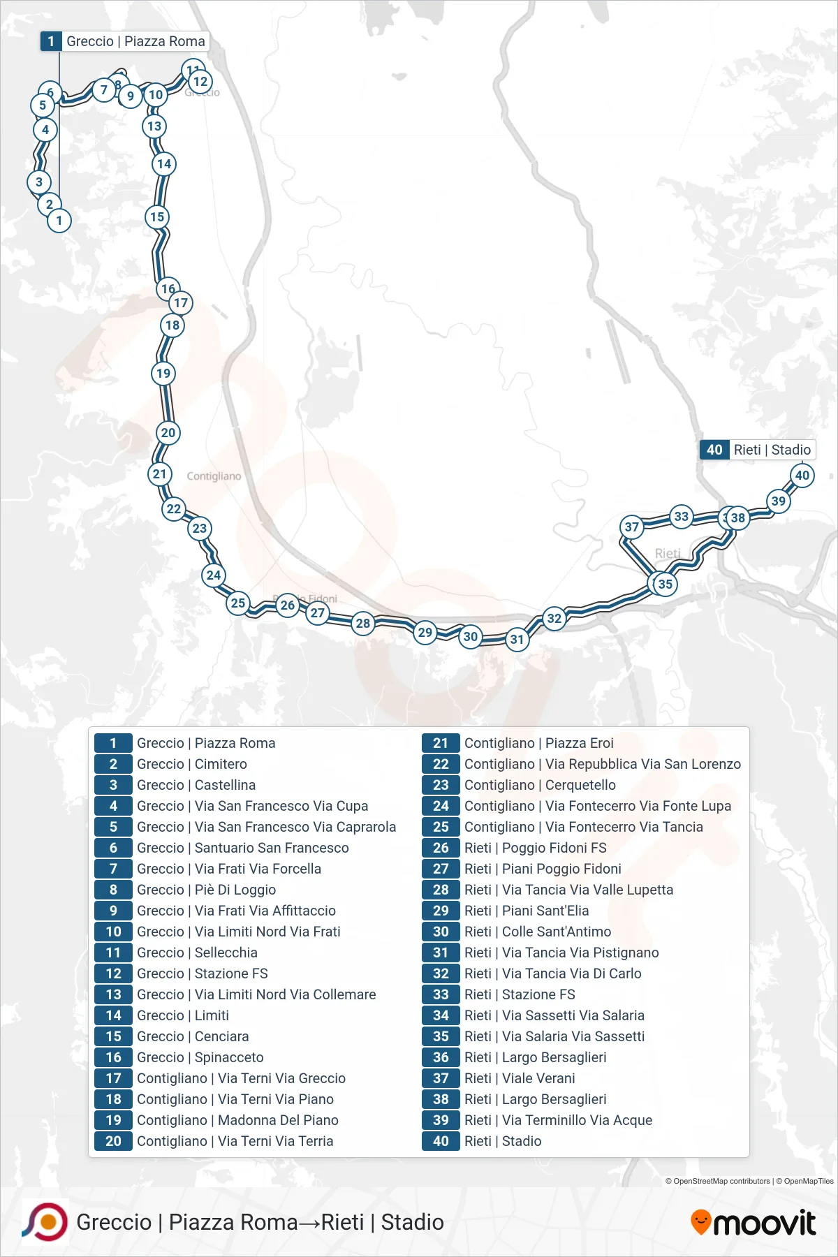 Linea COTRAL bus (Greccio | Piazza Roma→Rieti | Stadio) - Percorsi e fermate sulla mappa
